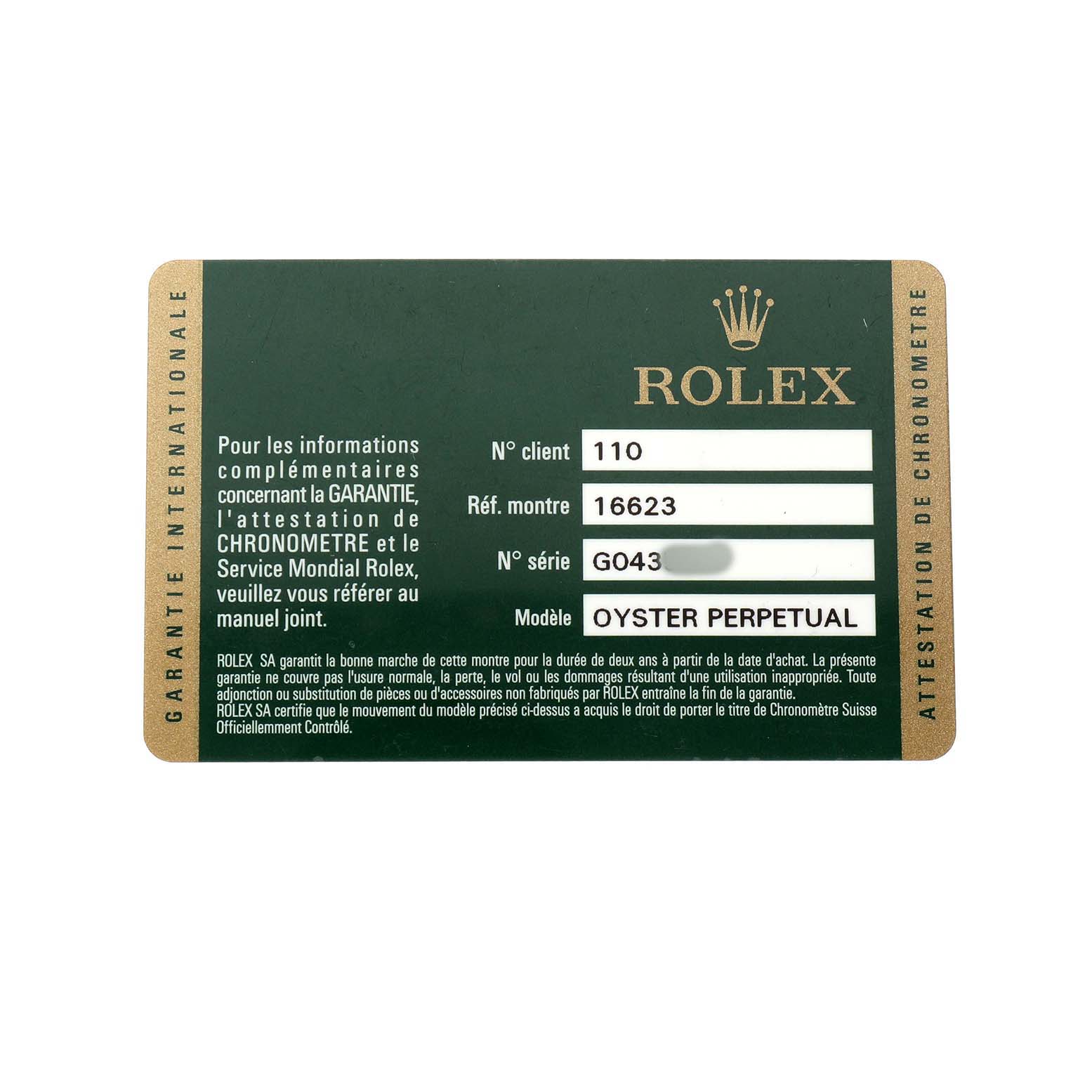 The image displays a Rolex warranty card for a Yacht-Master, with details like reference number and model.