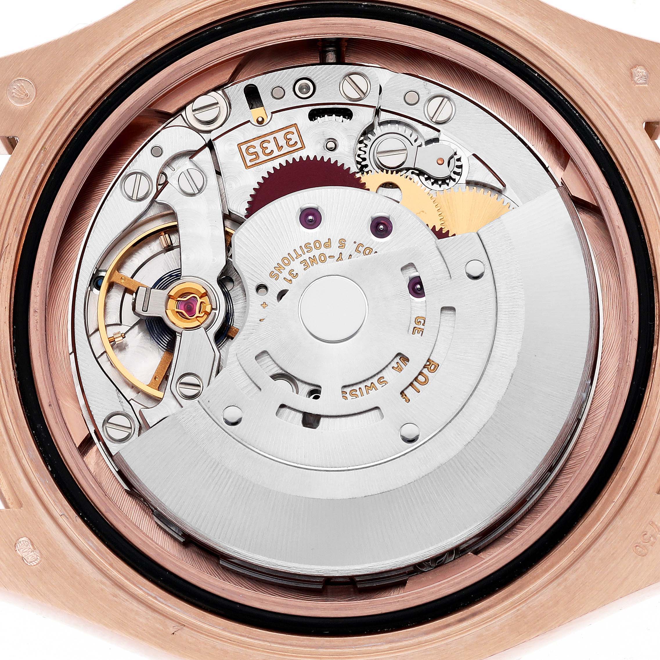 This close-up angle displays the intricate internal mechanism of a Rolex Yacht-Master 116655 Men's Rose Gold Black Dial 116655 Men's Rose Gold Black Dial watch.