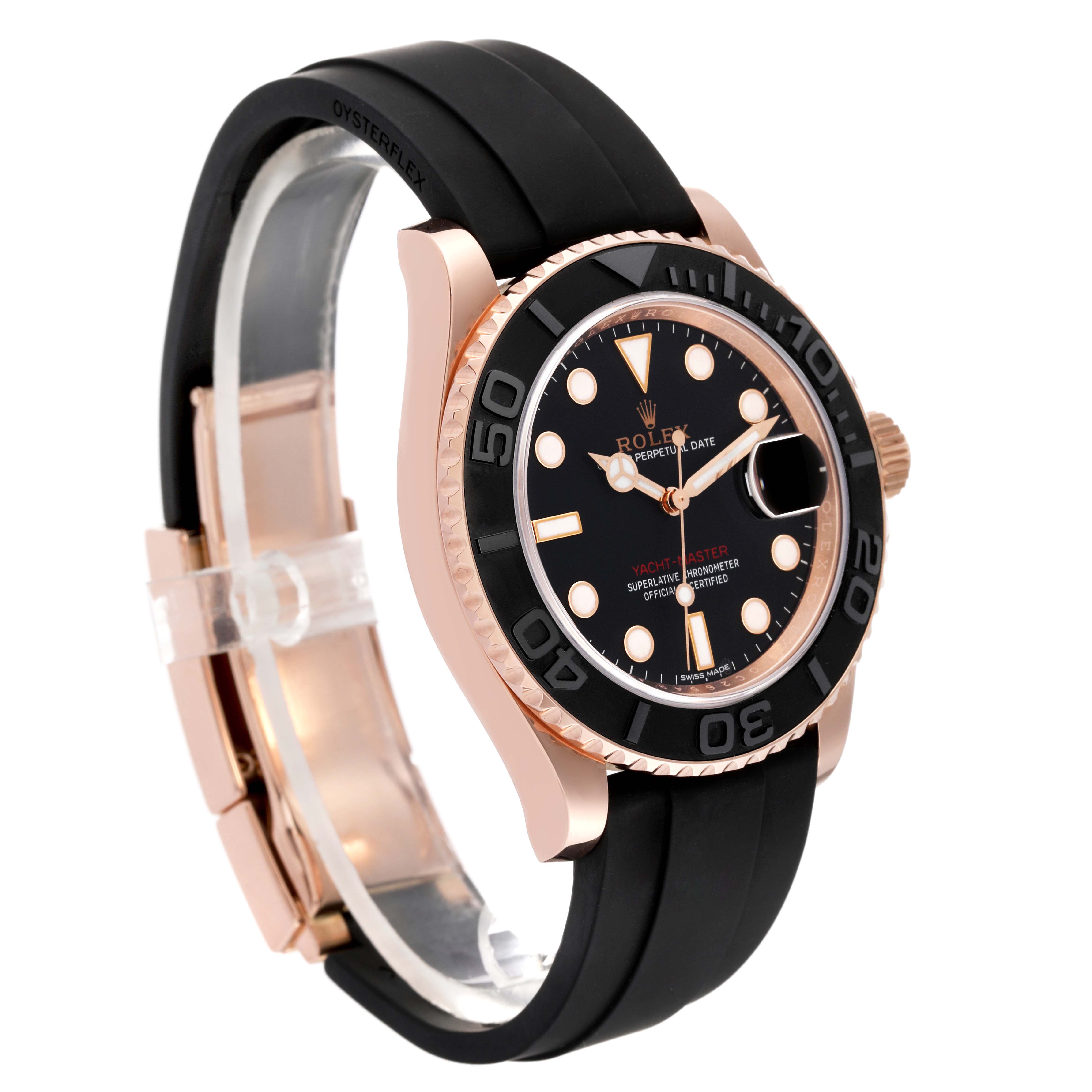 This image shows a side angle view of a Rolex Yacht-Master 116655 Men's Rose Gold Black Dial 116655 Men's Rose Gold Black Dial watch with a black dial, black bezel, and black rubber strap.