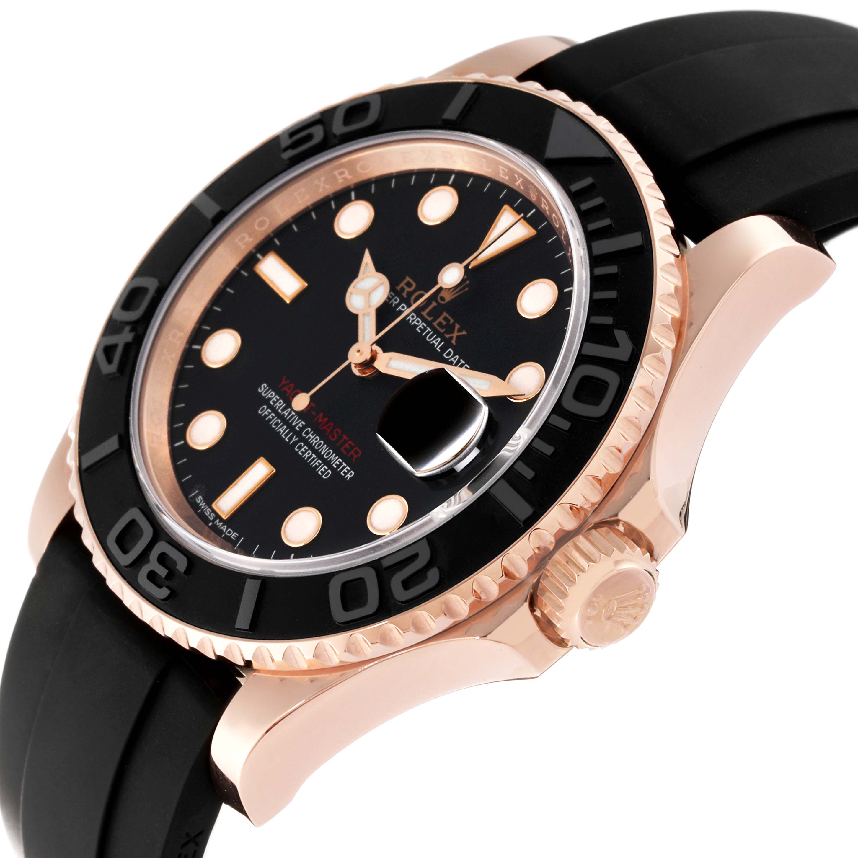 The image shows the face, bezel, and crown of a Rolex Yacht-Master 116655 Men's Rose Gold Black Dial 116655 Men's Rose Gold Black Dial watch at an angled view.