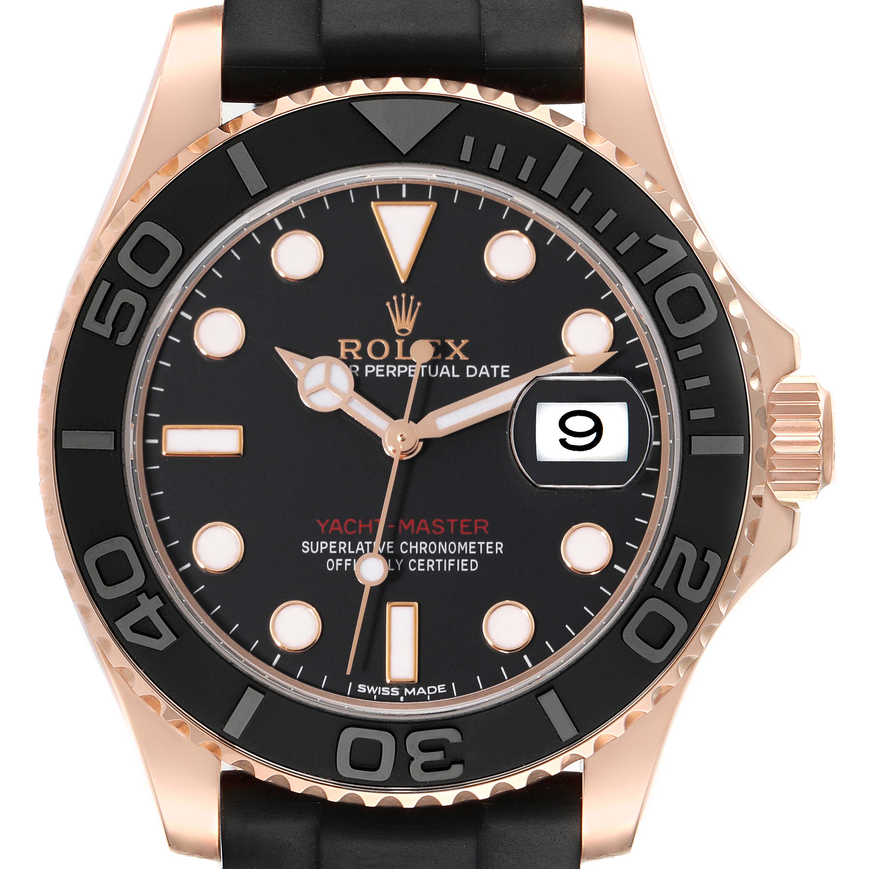 The image shows a front view of a Rolex Yacht-Master 116655 Men's Rose Gold Black Dial 116655 Men's Rose Gold Black Dial watch, highlighting its dial, bezel, and crown.