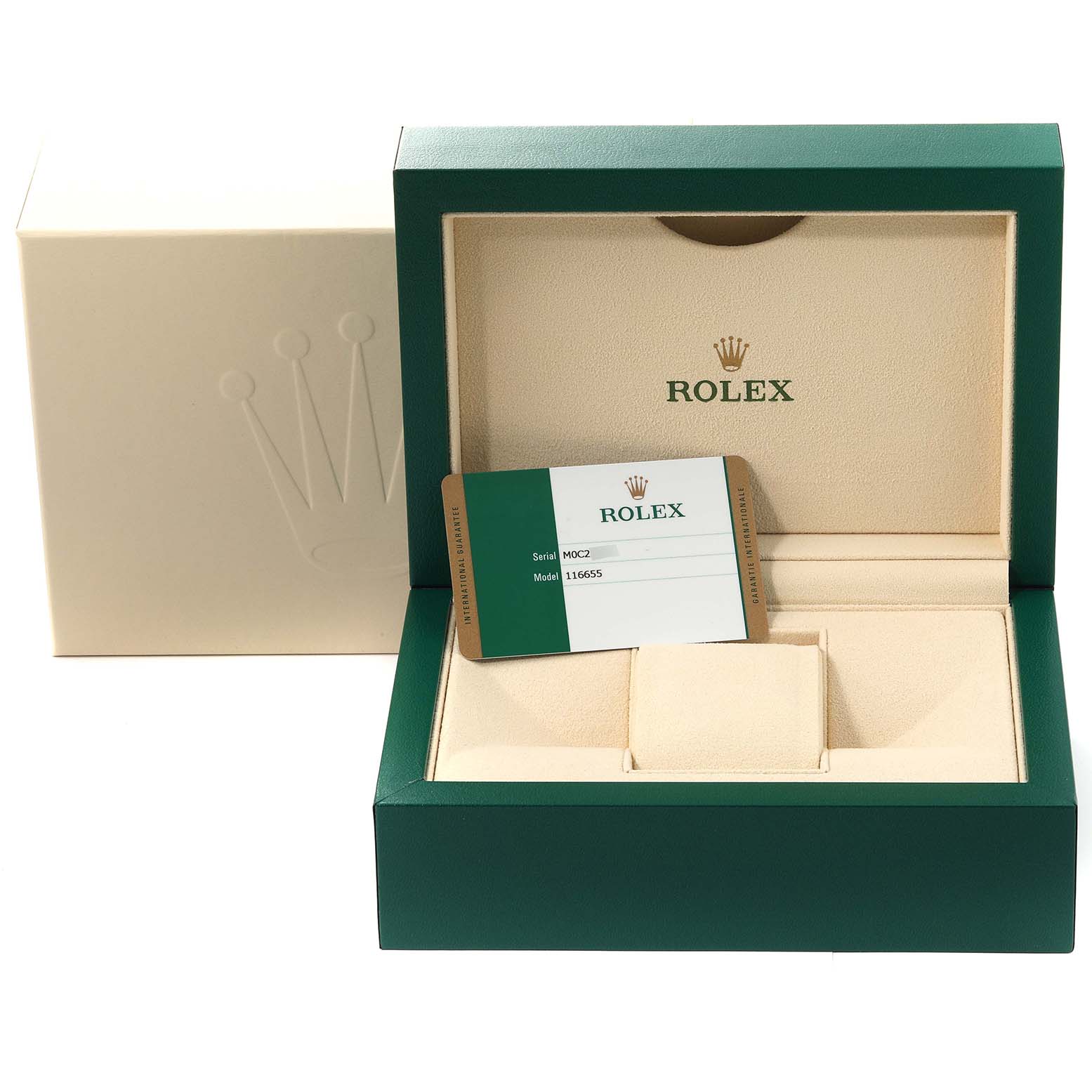 The image shows a Rolex Yacht-Master 116655 Men's Rose Gold Black Dial 116655 Men's Rose Gold Black Dial box and warranty card from the top angle, revealing the inner cushion and compartments.