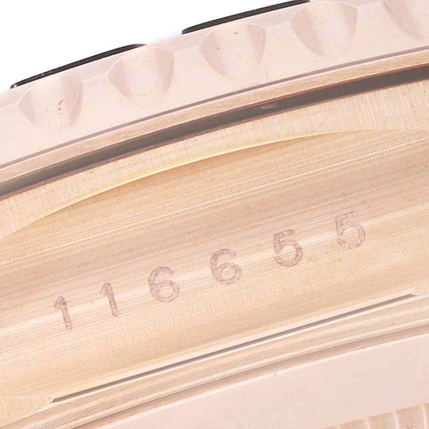 This image shows a close-up of the serial number area on the case side of a Rolex Yacht-Master 116655 Men's Rose Gold Black Dial 116655 Men's Rose Gold Black Dial watch.