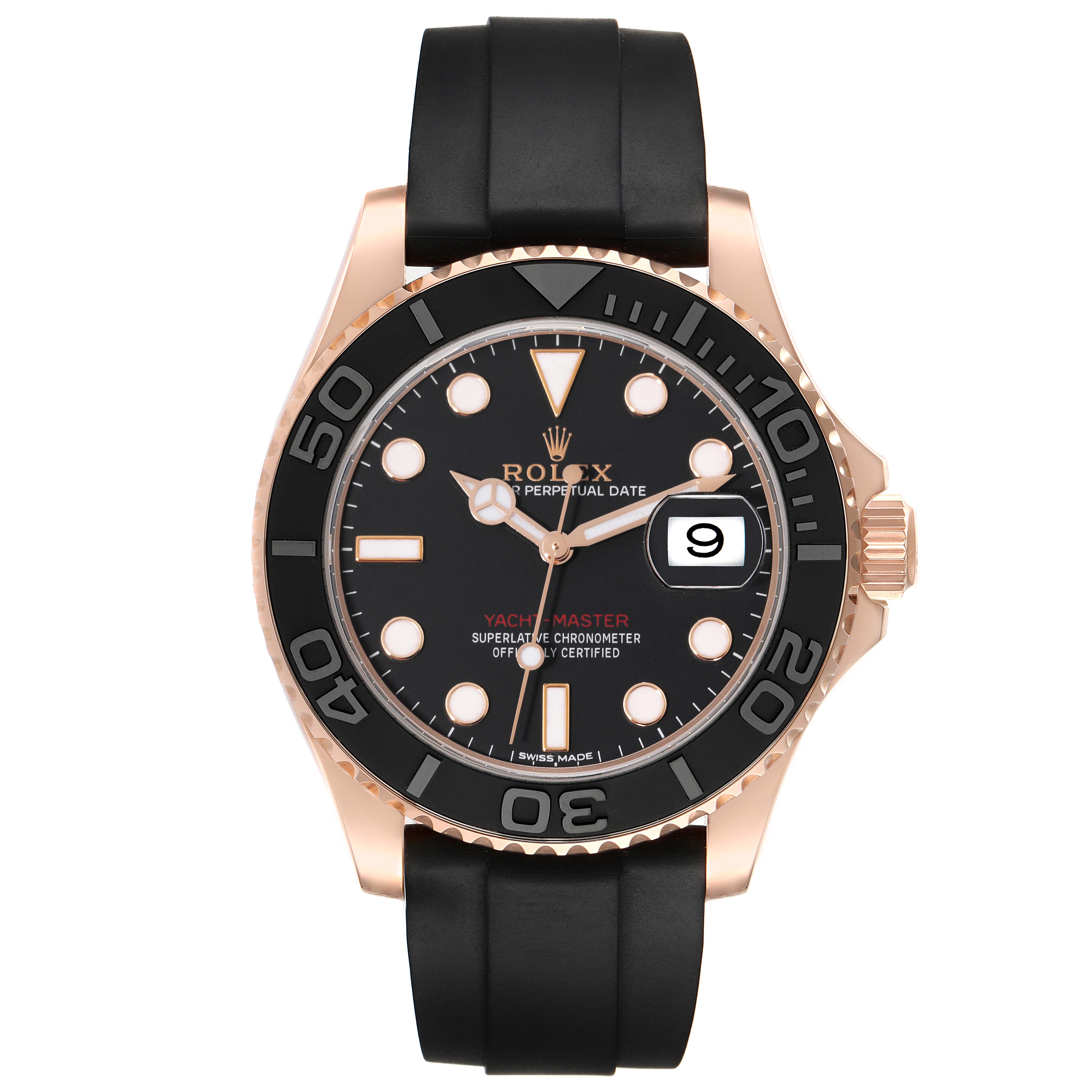 This image shows a Rolex Yacht-Master 116655 Men's Rose Gold Black Dial 116655 Men's Rose Gold Black Dial watch from a front angle, highlighting its black dial, rose gold case, and black rubber strap.