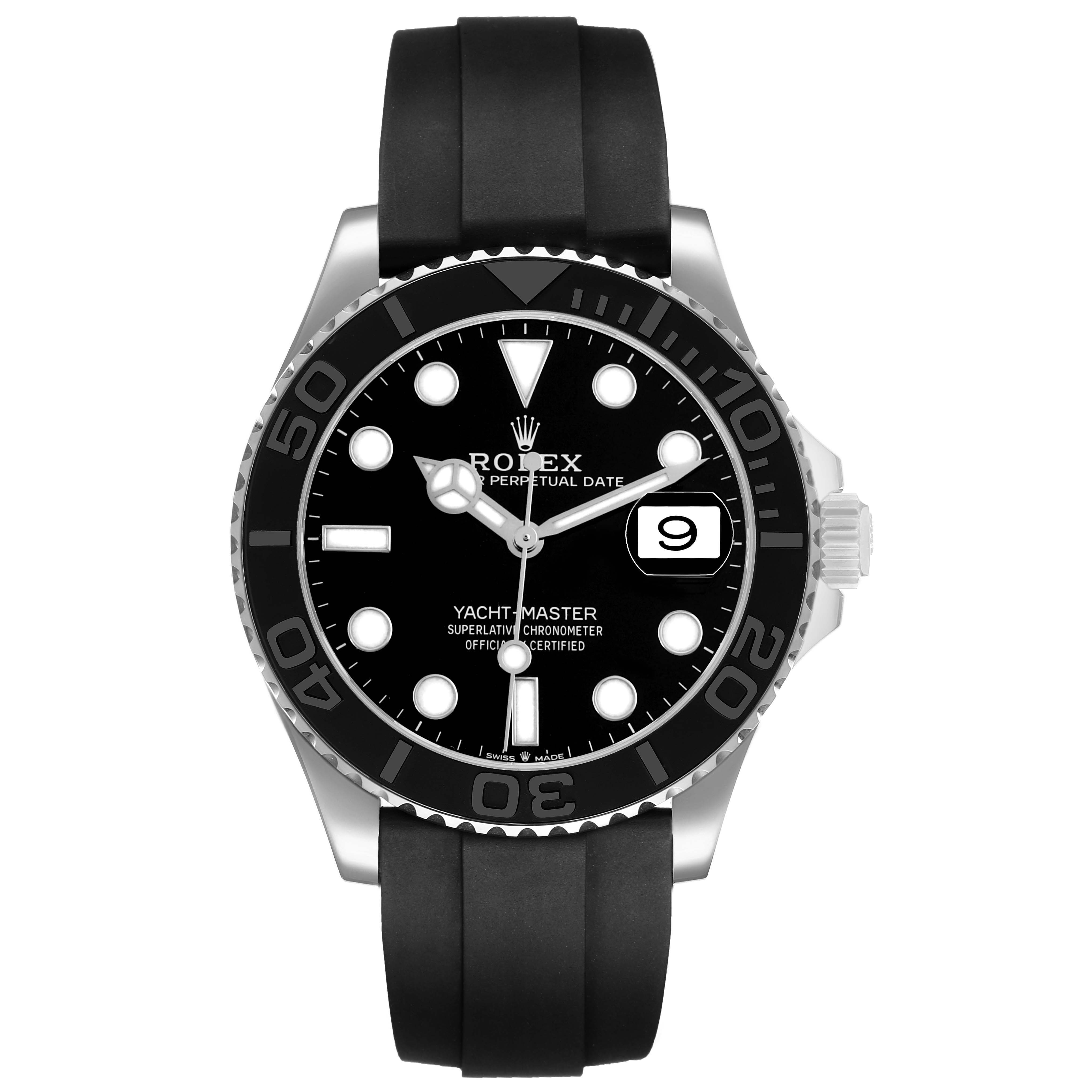 The Rolex Yacht-Master 226659 Men's White Gold Black Dial is shown from a top view, displaying the bezel, dial, hands, and rubber strap.