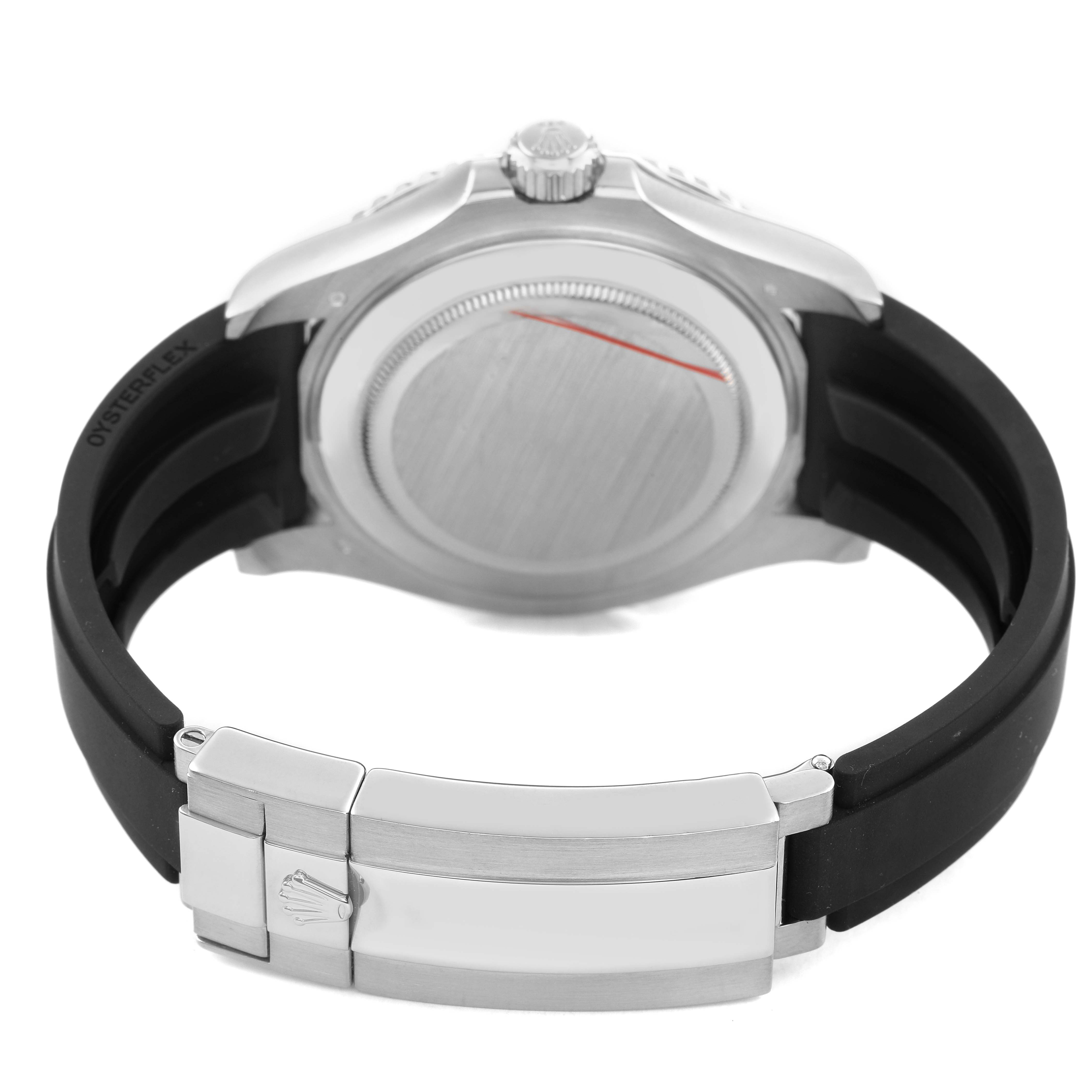 The Rolex Yacht-Master 226659 Men's White Gold Black Dial watch is shown from the back, highlighting the case back and Oysterflex strap with clasp.