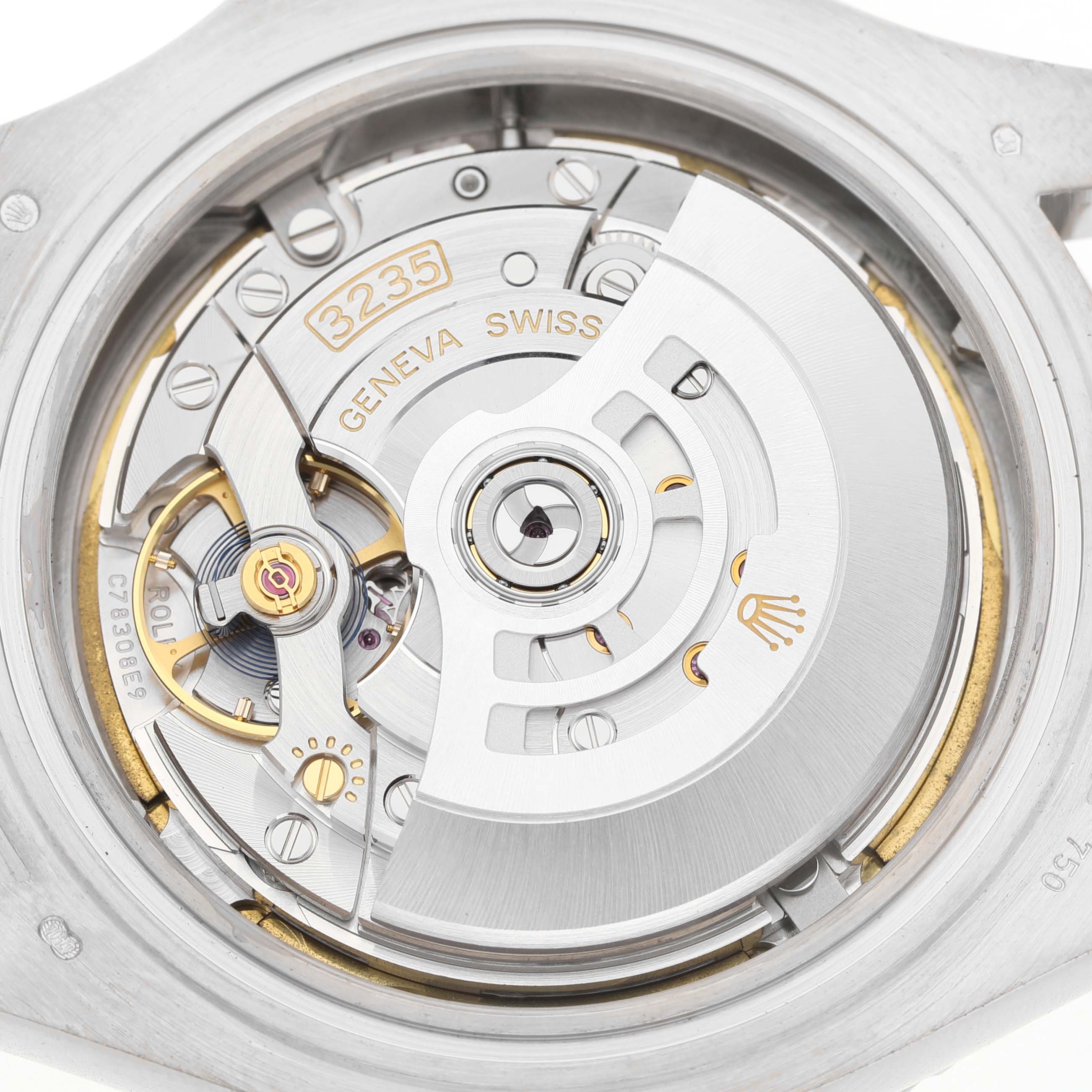 The image shows the inner mechanism of a Rolex Yacht-Master 226659 Men's White Gold Black Dial watch, highlighting the movement and rotor from the back angle.