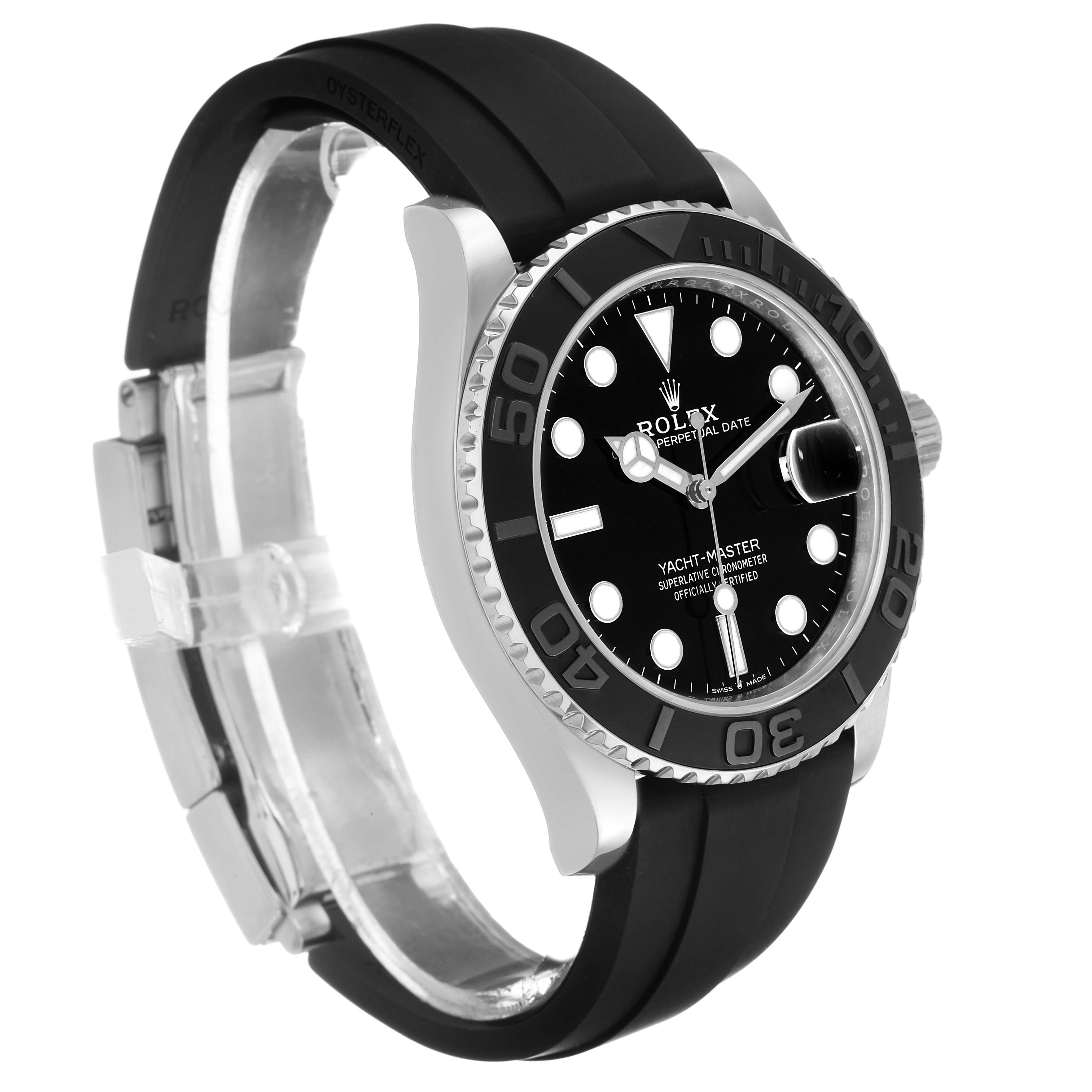 The Rolex Yacht-Master 226659 Men's White Gold Black Dial watch is shown at a slight side angle, highlighting the bezel, dial, and rubber strap.