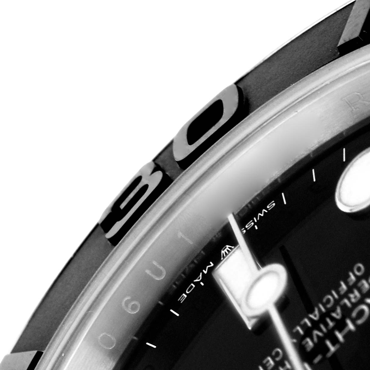 The image shows a close-up of the bezel and part of the dial of a Rolex Yacht-Master 226659 Men's White Gold Black Dial watch.