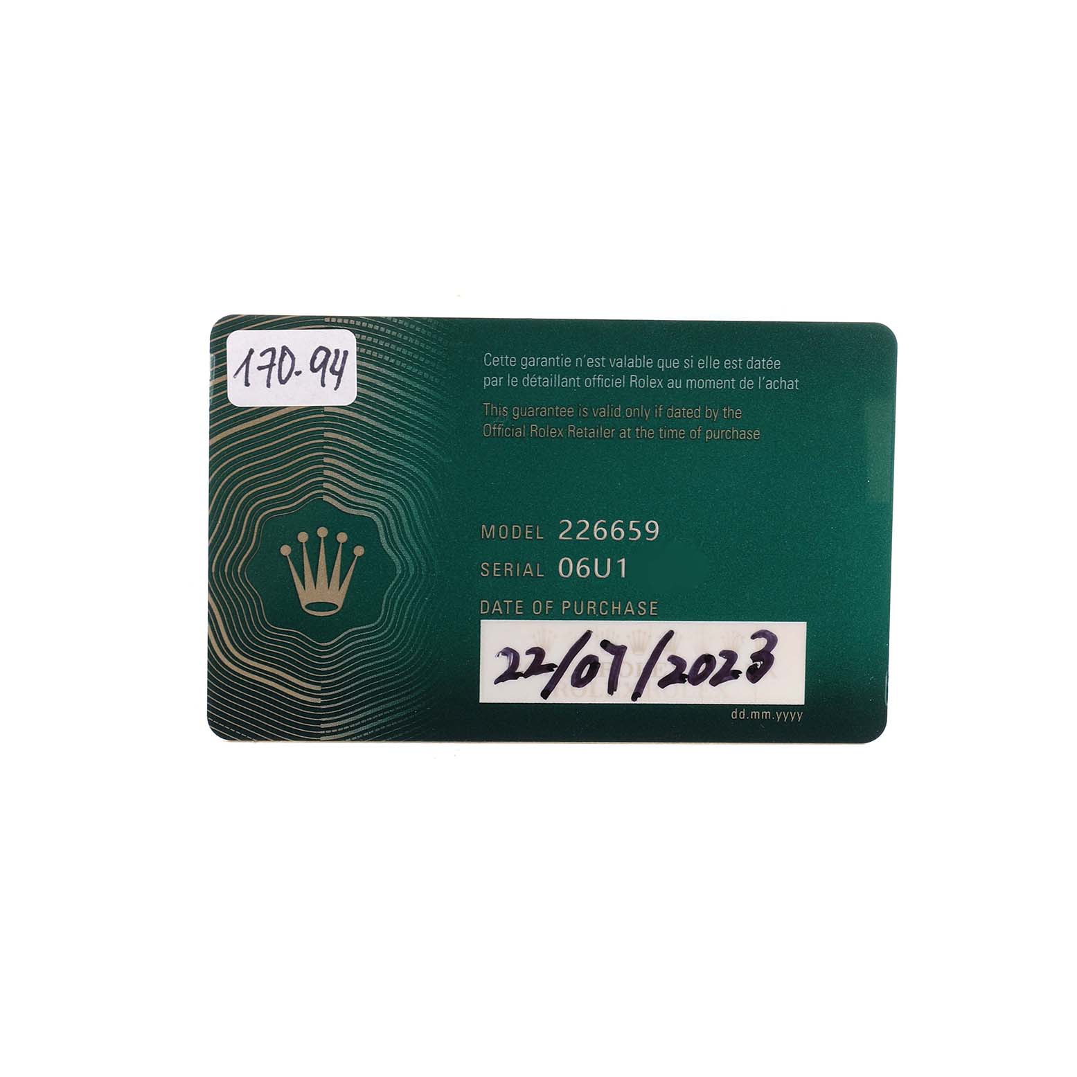 The image shows a warranty card for a Rolex Yacht-Master 226659 Men's White Gold Black Dial, displaying model and serial numbers, and the purchase date.