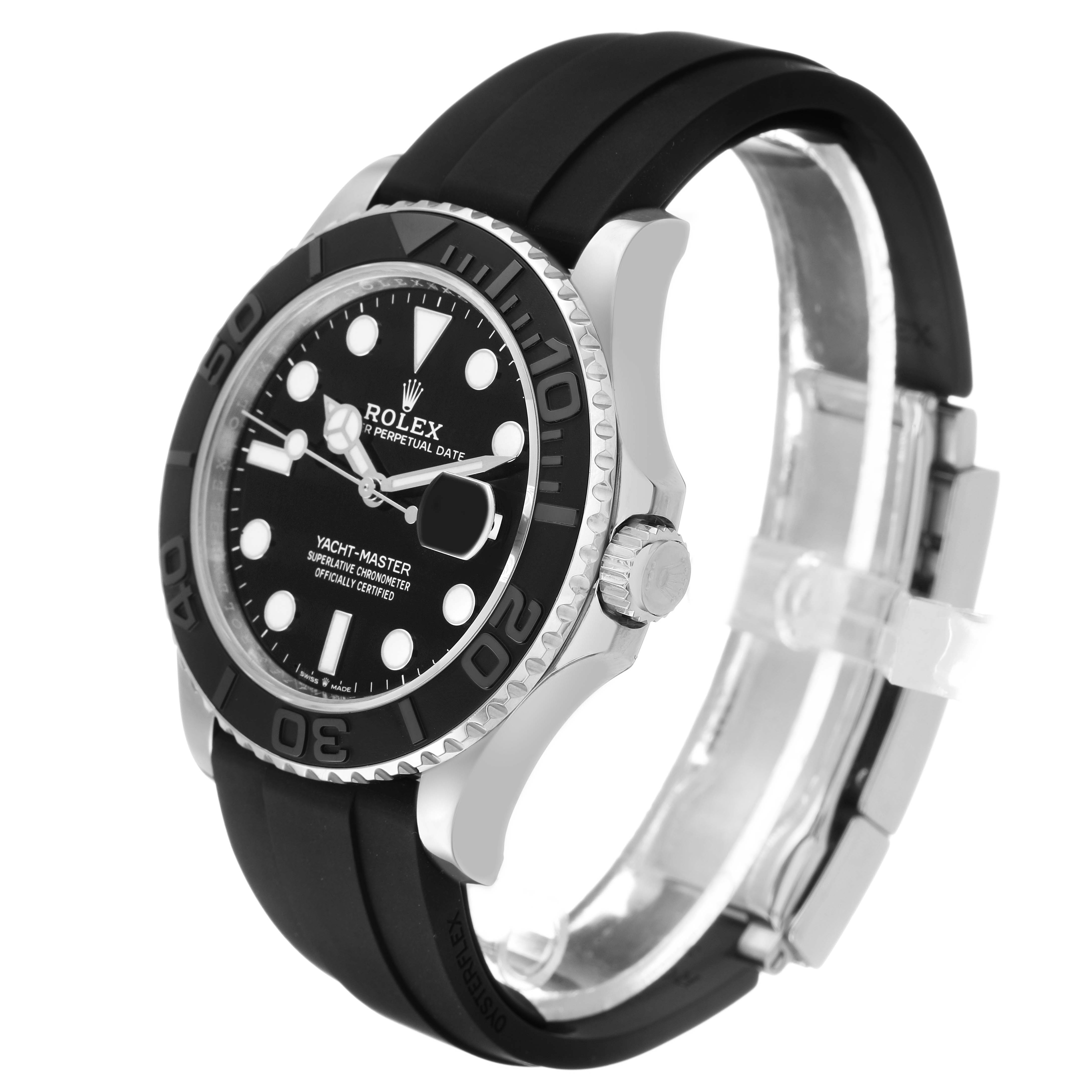 The Rolex Yacht-Master 226659 Men's White Gold Black Dial watch is shown from a three-quarter angle, featuring its bezel, crown, and rubber strap.