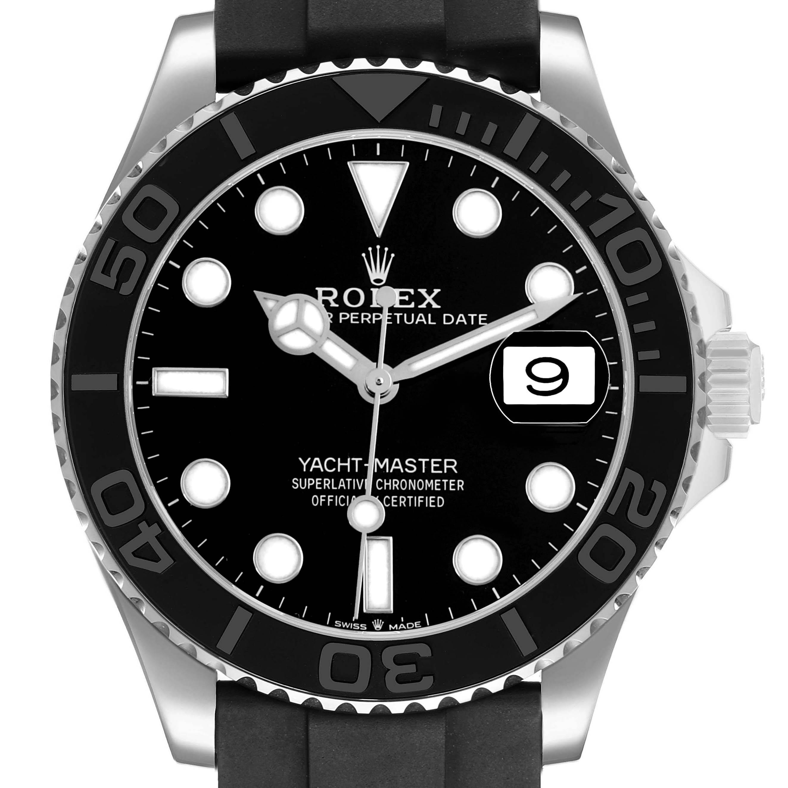 The Rolex Yacht-Master 226659 Men's White Gold Black Dial watch is shown from a front angle, highlighting the bezel, dial, hands, and date window.