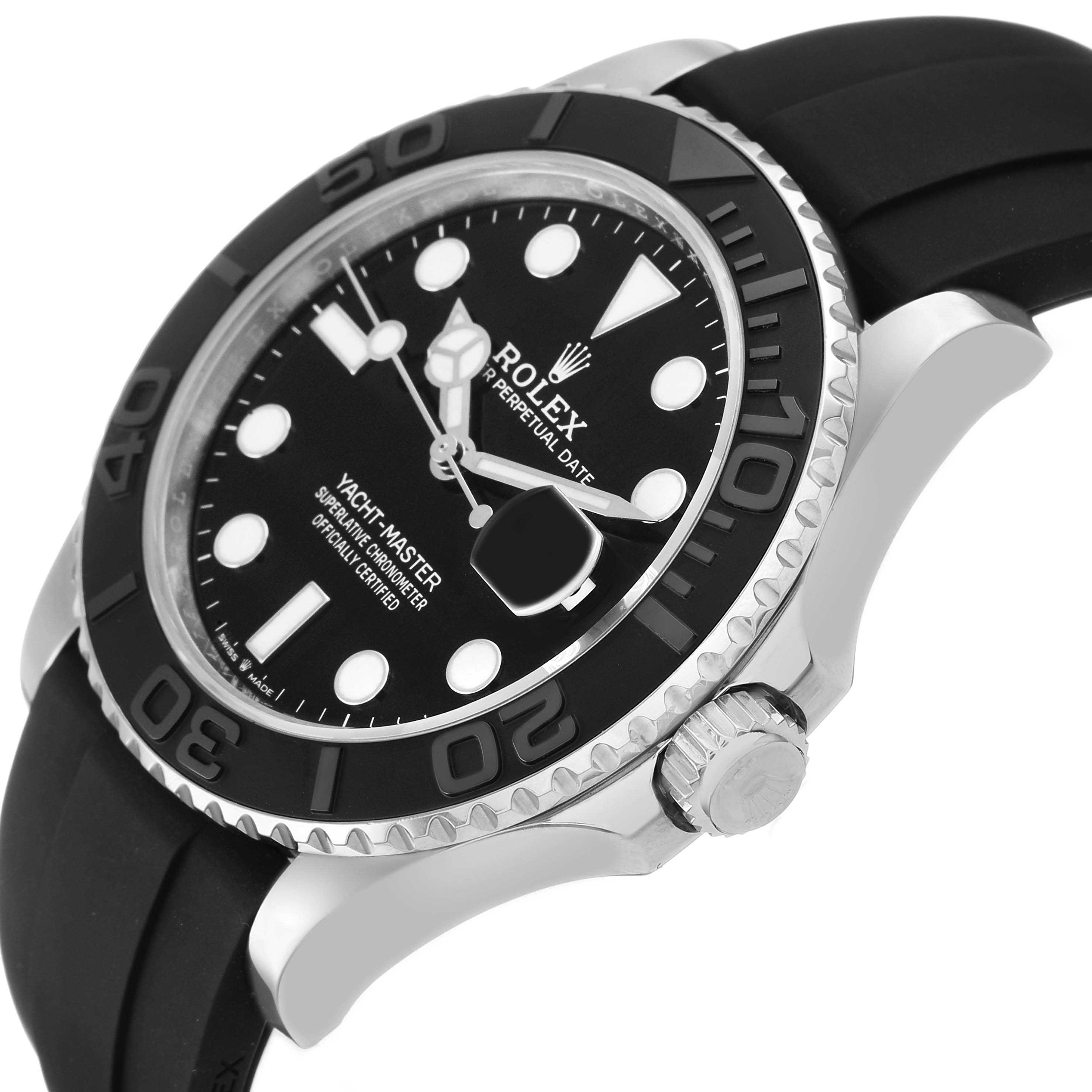 The Rolex Yacht-Master 226659 Men's White Gold Black Dial watch is shown at an angled side view, highlighting the bezel, crown, and part of the strap.