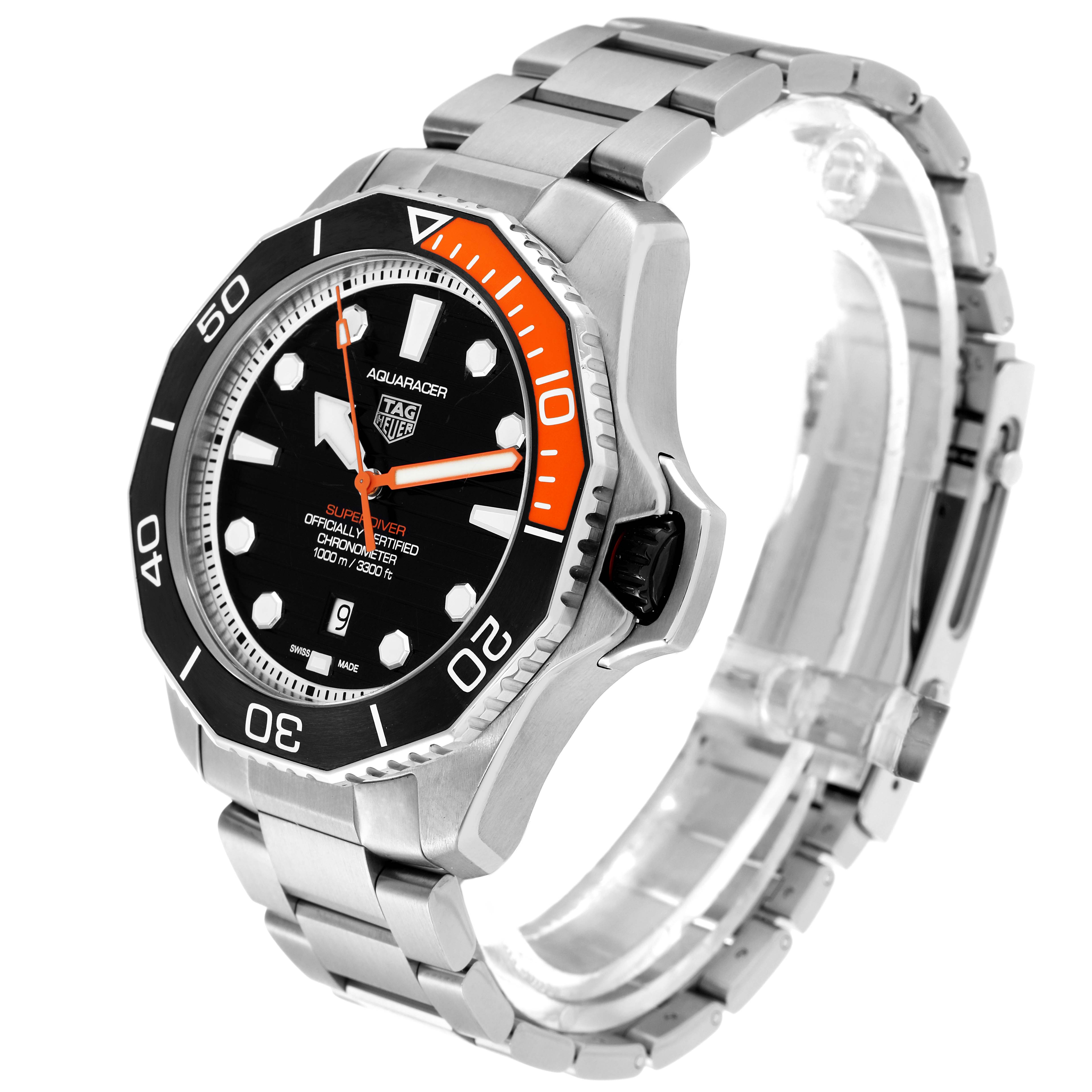 The Tag Heuer Aquaracer WBP5A8A.BF0619 Men's Stainless Steel Black Dial WBP5A8A.BF0619 Men's Stainless Steel Black Dial watch is shown at a three-quarter angle, displaying the dial, bezel, crown, and metal bracelet.