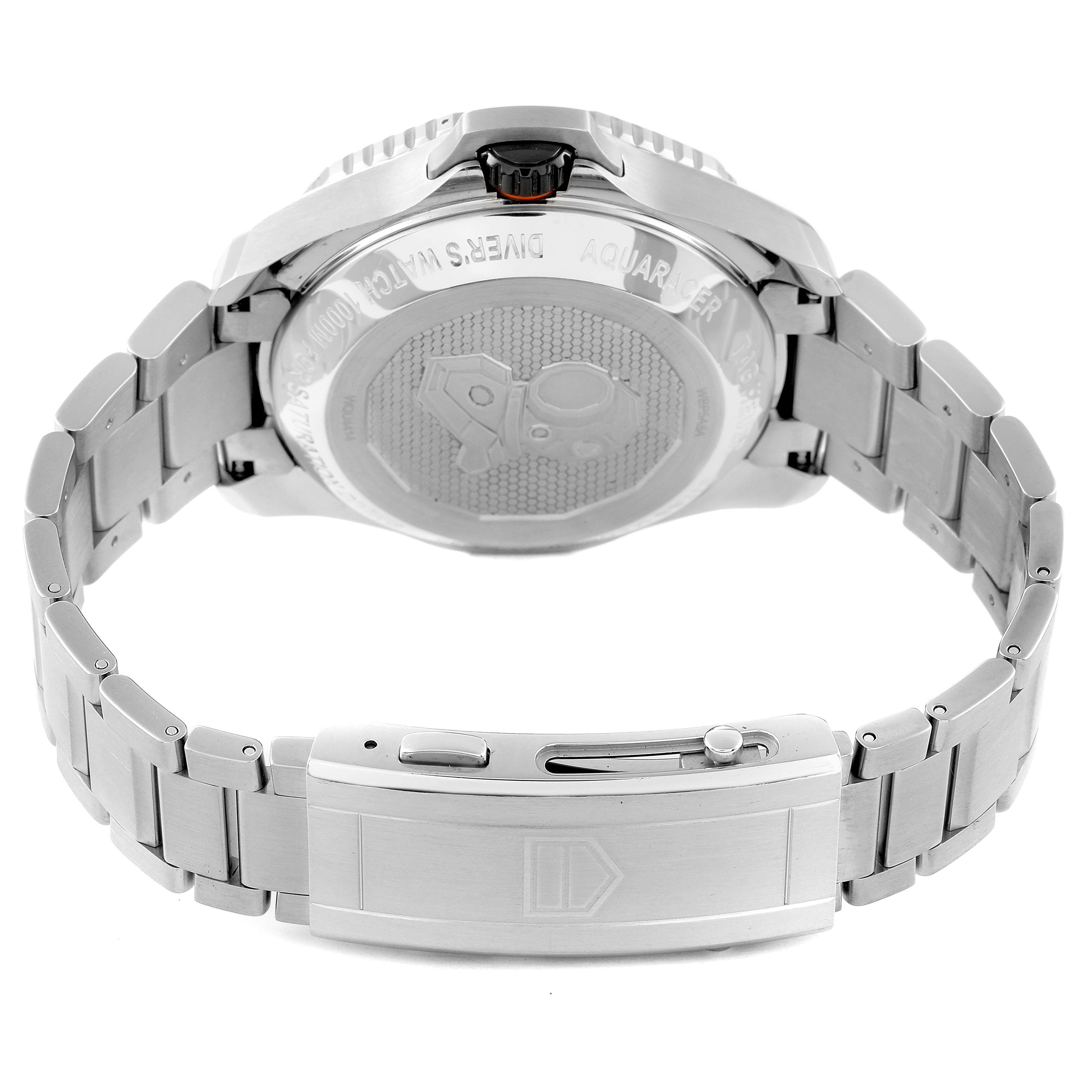 The image shows the back case, bracelet, and clasp of the Tag Heuer Aquaracer WBP5A8A.BF0619 Men's Stainless Steel Black Dial WBP5A8A.BF0619 Men's Stainless Steel Black Dial watch from a rear angle.