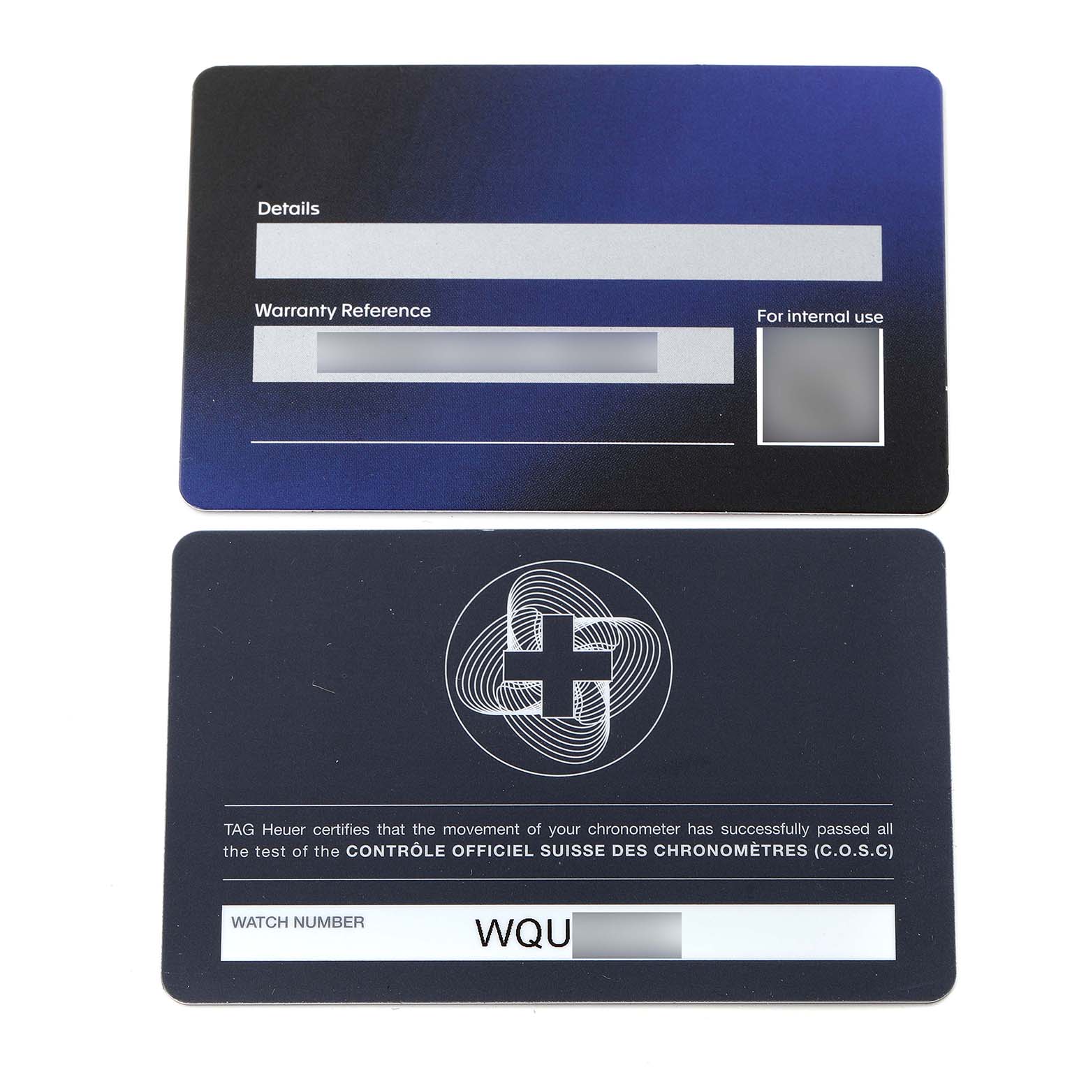 The image shows two official cards related to the Tag Heuer Aquaracer WBP5A8A.BF0619 Men's Stainless Steel Black Dial WBP5A8A.BF0619 Men's Stainless Steel Black Dial model, including a warranty card and a certificate card.