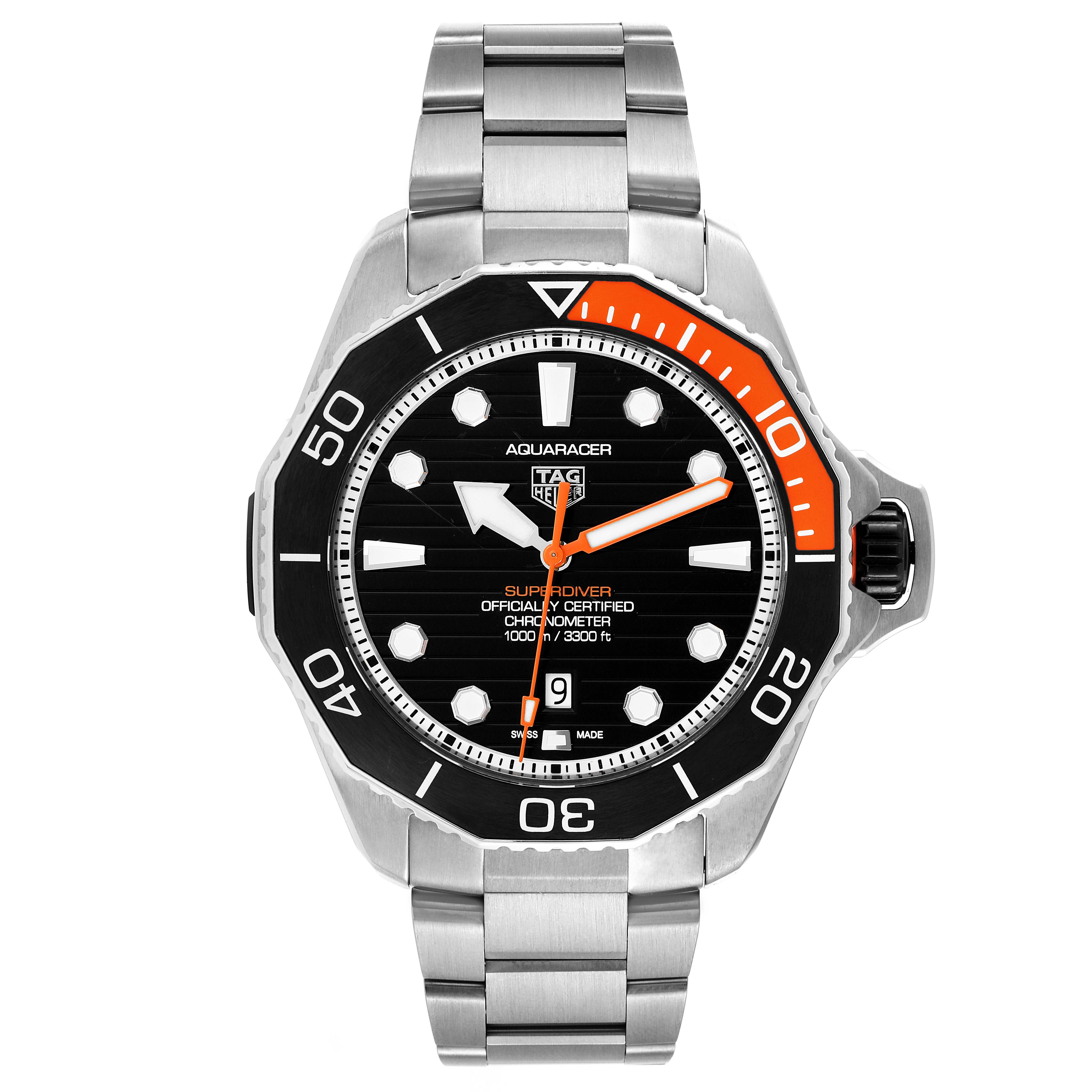 The image shows a front view of the Tag Heuer Aquaracer WBP5A8A.BF0619 Men's Stainless Steel Black Dial WBP5A8A.BF0619 Men's Stainless Steel Black Dial watch, highlighting its face, bezel, and metal bracelet.