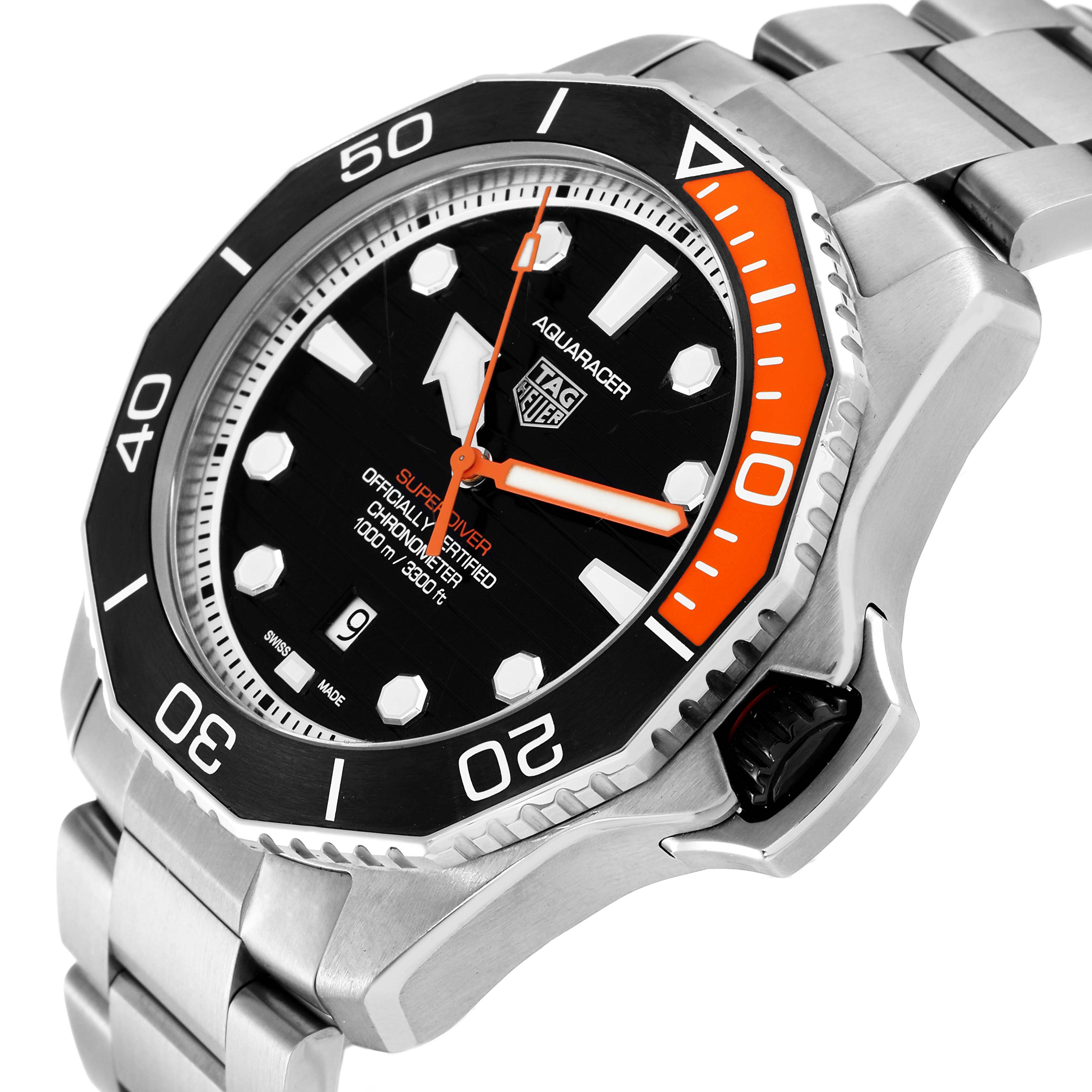 This image shows a close-up angle of the Tag Heuer Aquaracer WBP5A8A.BF0619 Men's Stainless Steel Black Dial WBP5A8A.BF0619 Men's Stainless Steel Black Dial watch, highlighting the bezel, dial, and stainless steel bracelet.