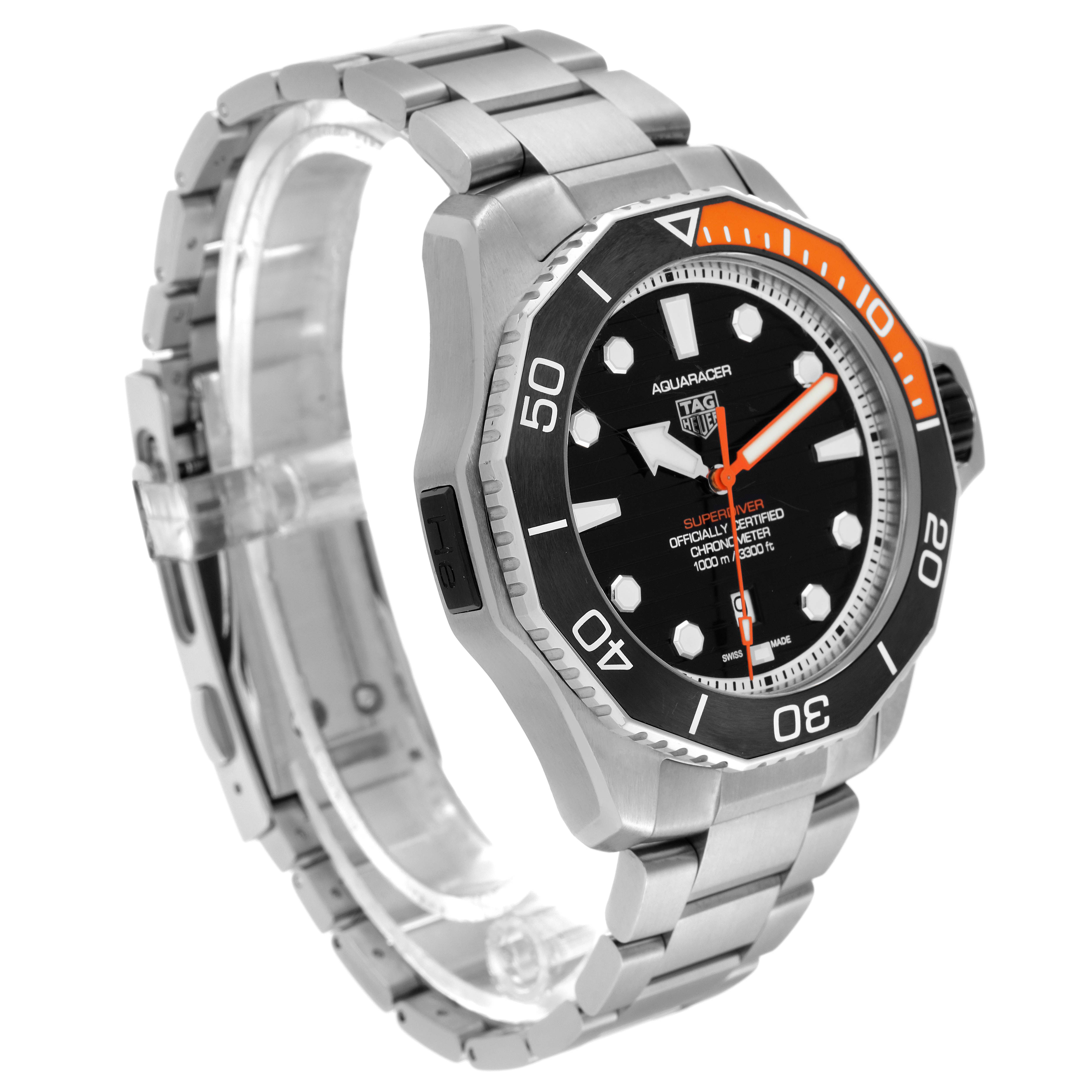 The image shows a Tag Heuer Aquaracer WBP5A8A.BF0619 Men's Stainless Steel Black Dial WBP5A8A.BF0619 Men's Stainless Steel Black Dial watch with a stainless steel band, angled to showcase the face and bezel.