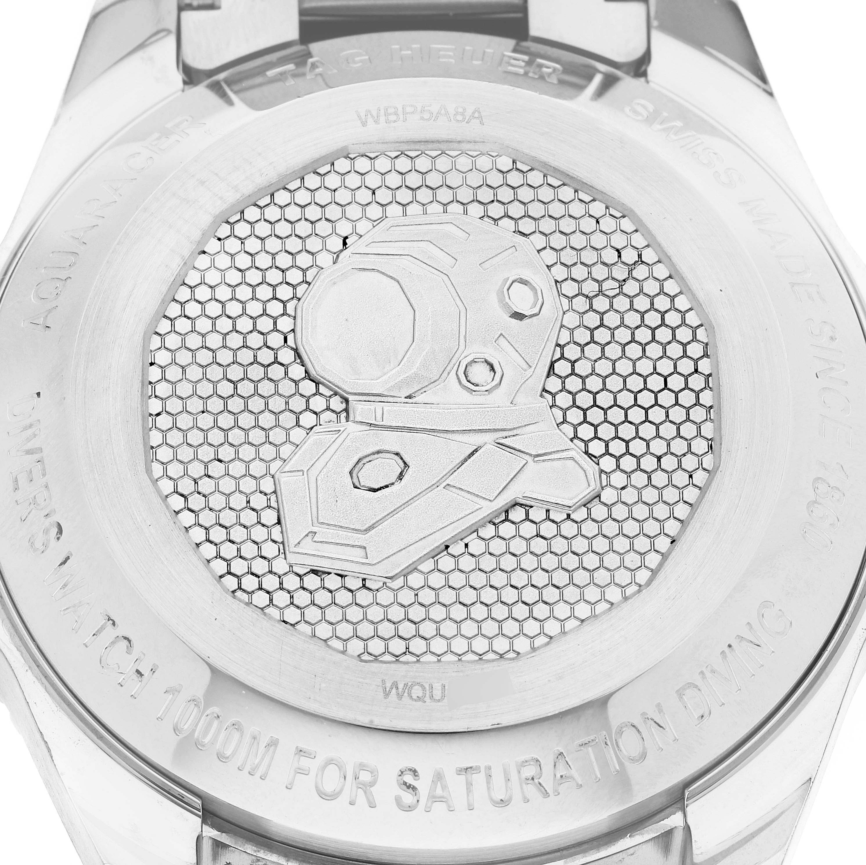 This image shows the case back of a Tag Heuer Aquaracer WBP5A8A.BF0619 Men's Stainless Steel Black Dial WBP5A8A.BF0619 Men's Stainless Steel Black Dial watch, displaying its branding and water resistance details.