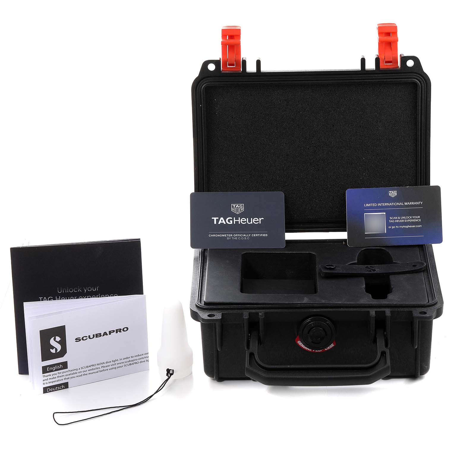 The image shows a Tag Heuer Aquaracer WBP5A8A.BF0619 Men's Stainless Steel Black Dial WBP5A8A.BF0619 Men's Stainless Steel Black Dial watch case with warranty cards, manuals, and a tool set.