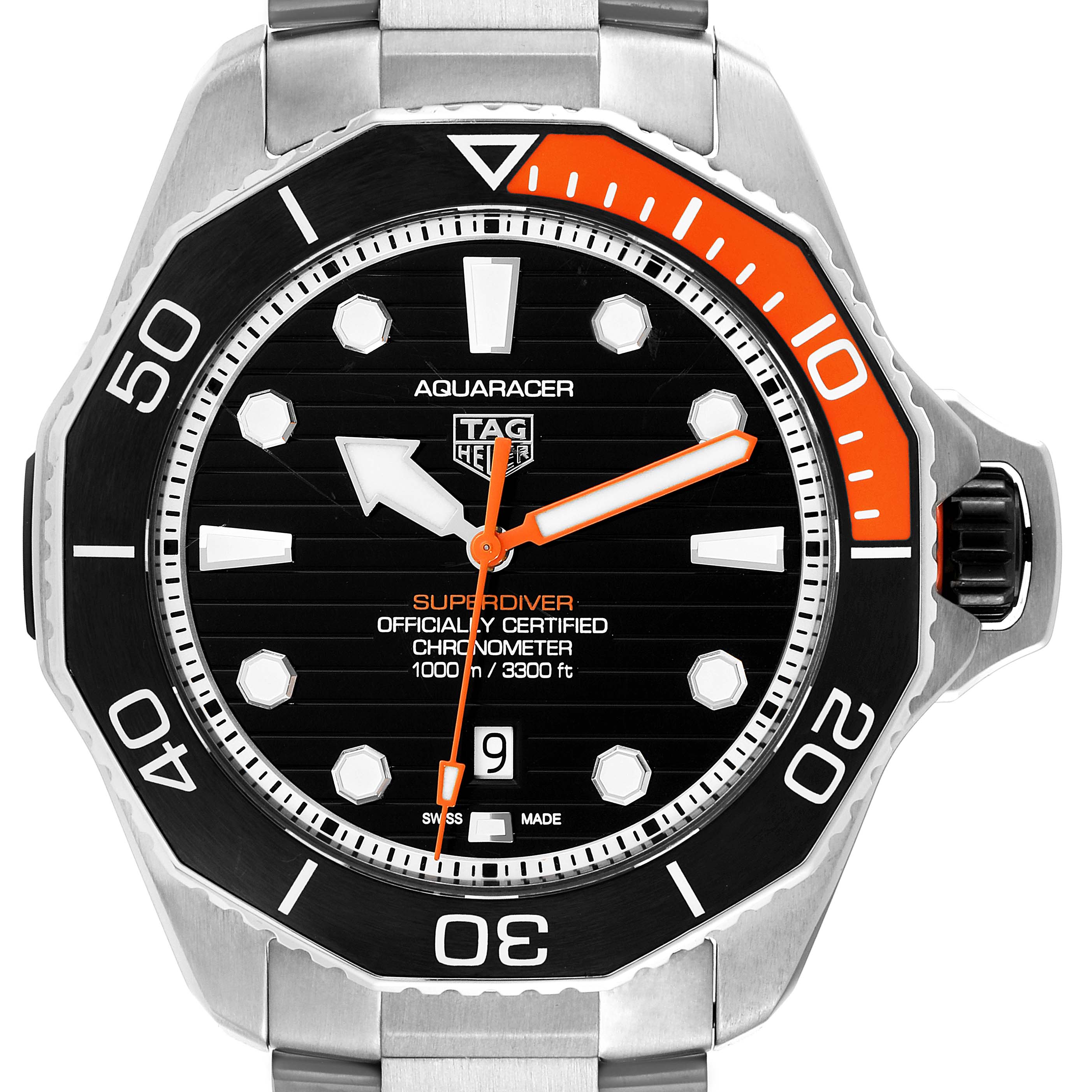 The image shows a front view of the Tag Heuer Aquaracer WBP5A8A.BF0619 Men's Stainless Steel Black Dial WBP5A8A.BF0619 Men's Stainless Steel Black Dial watch, highlighting its face, bezel, and bracelet.