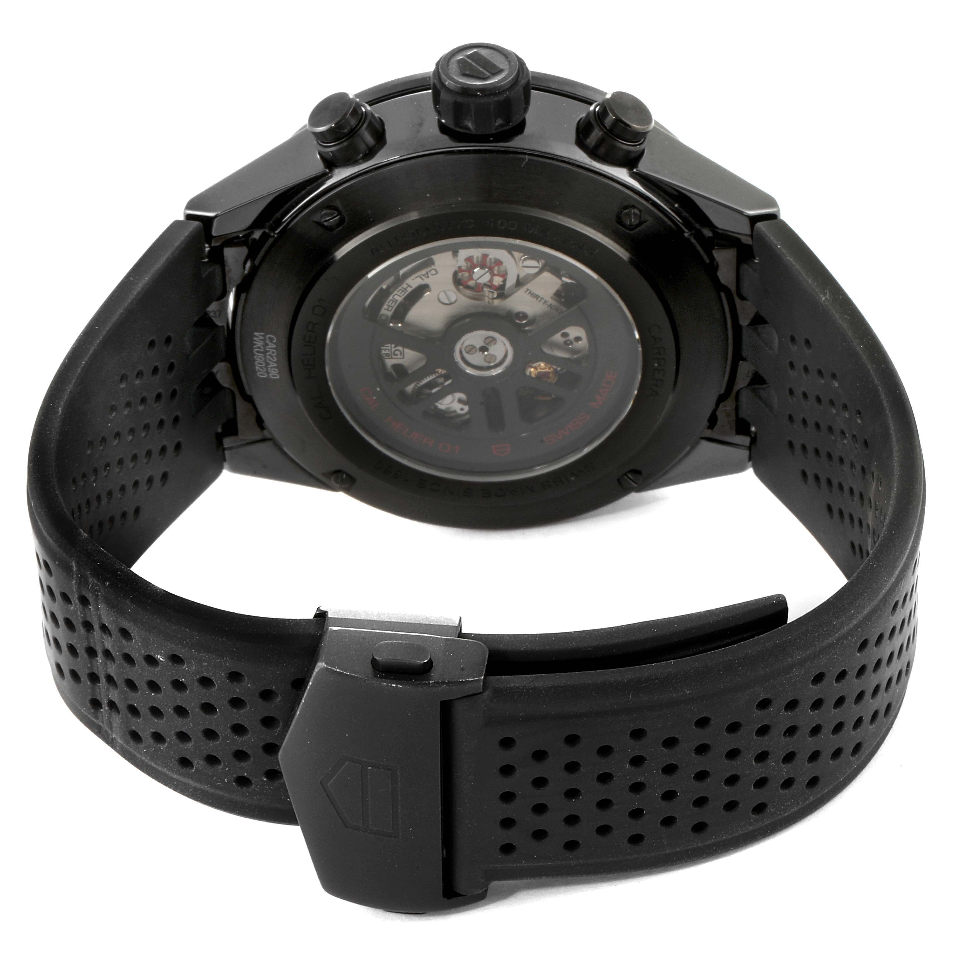 This image shows the back view of a Tag Heuer Carrera CAR2A90.FT6071 Men
s Stainless Steel Black Dial CAR2A90.FT6071 Men
s Stainless Steel Black Dial watch, focusing on the case back and strap clasp.