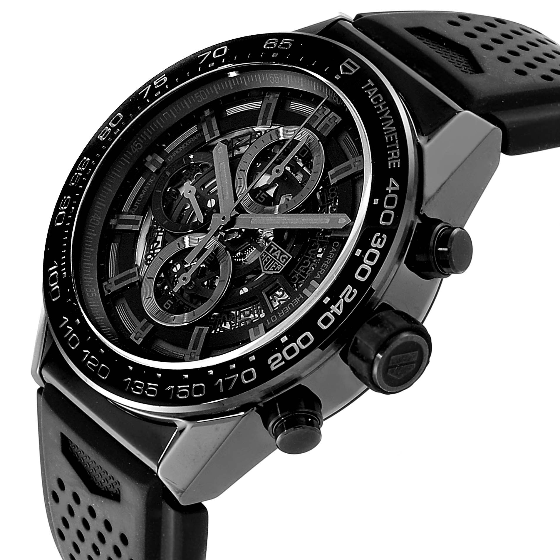 The image shows a close-up, angled view of the dial and side buttons of the Tag Heuer Carrera CAR2A90.FT6071 Men
s Stainless Steel Black Dial CAR2A90.FT6071 Men
s Stainless Steel Black Dial watch.