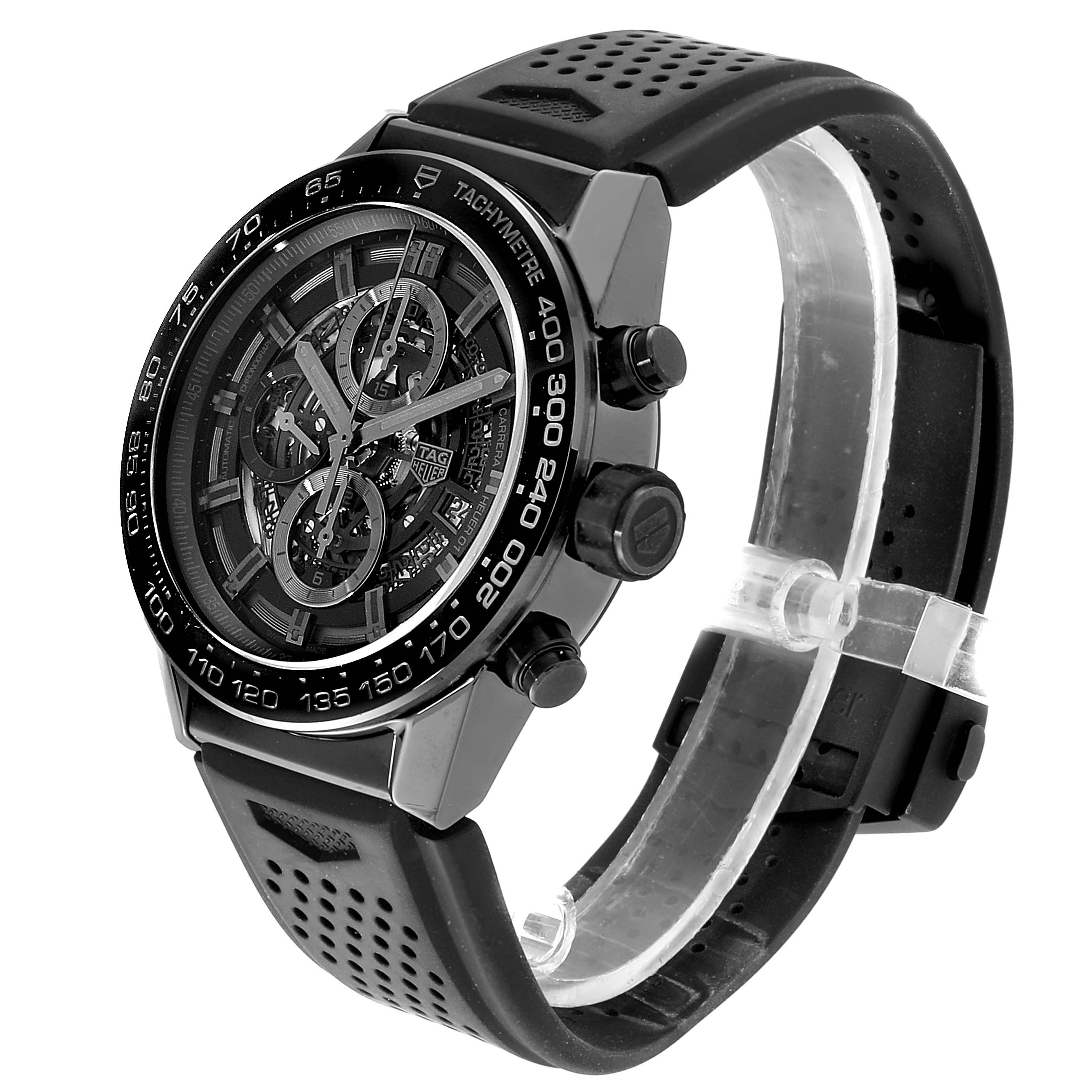 The image shows a side angle of a Tag Heuer Carrera CAR2A90.FT6071 Men
s Stainless Steel Black Dial CAR2A90.FT6071 Men
s Stainless Steel Black Dial watch, highlighting the face, bezel, and black rubber strap.