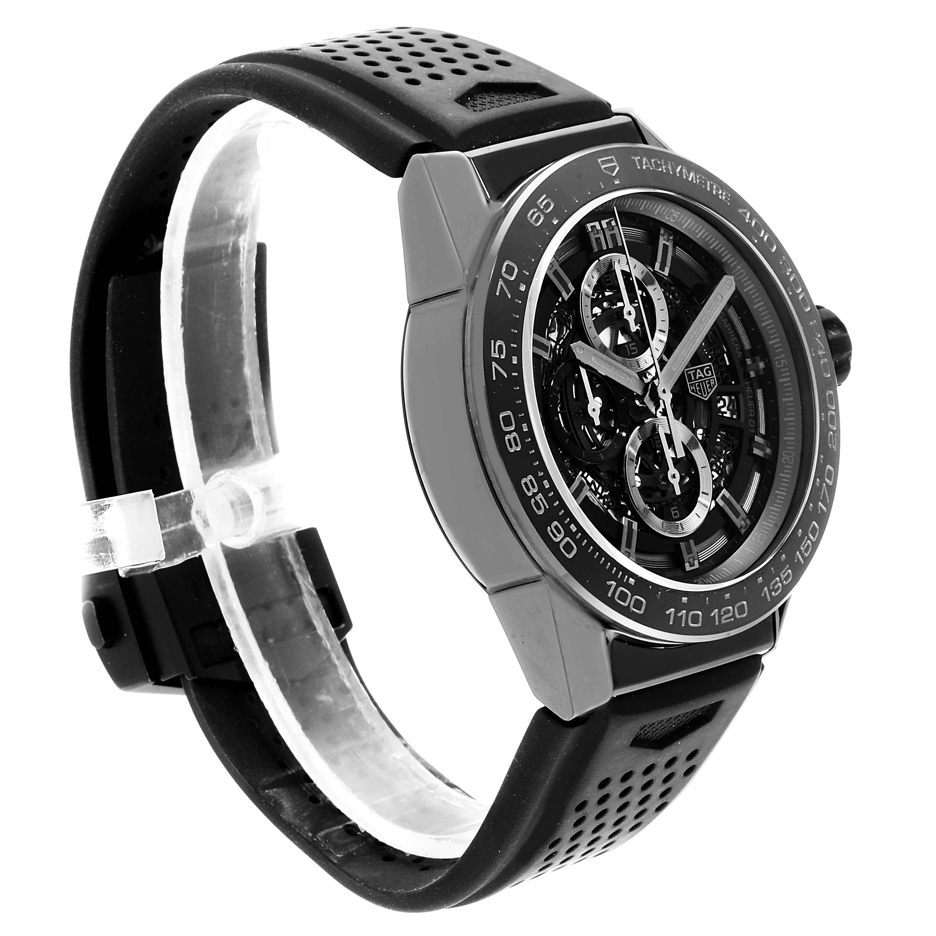 This image shows a side and front view of a Tag Heuer Carrera CAR2A90.FT6071 Men
s Stainless Steel Black Dial CAR2A90.FT6071 Men
s Stainless Steel Black Dial watch with a black rubber strap and tachymeter bezel.