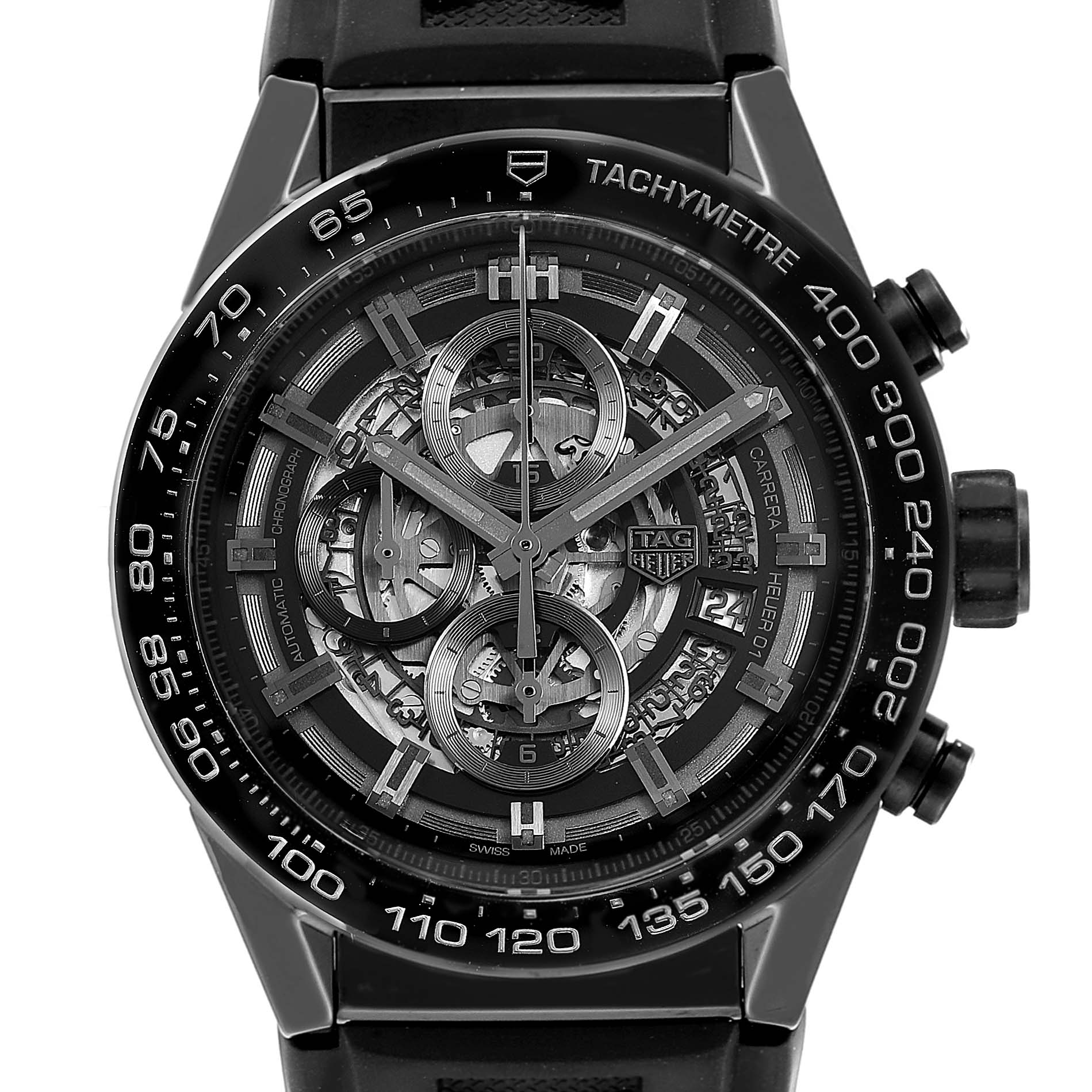 This Tag Heuer Carrera CAR2A90.FT6071 Men
s Stainless Steel Black Dial CAR2A90.FT6071 Men
s Stainless Steel Black Dial model is shown at a front-facing angle, highlighting its detailed dial and tachymeter bezel.