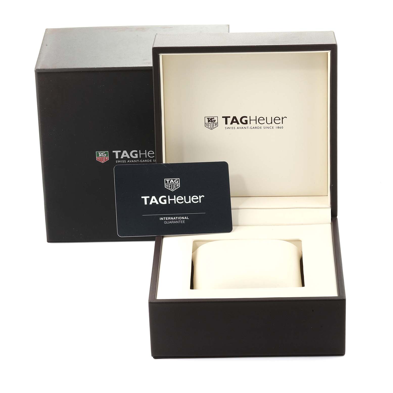 The image shows the packaging box, cushion, and warranty card for a Tag Heuer Carrera CAR2A90.FT6071 Men
s Stainless Steel Black Dial CAR2A90.FT6071 Men
s Stainless Steel Black Dial watch.