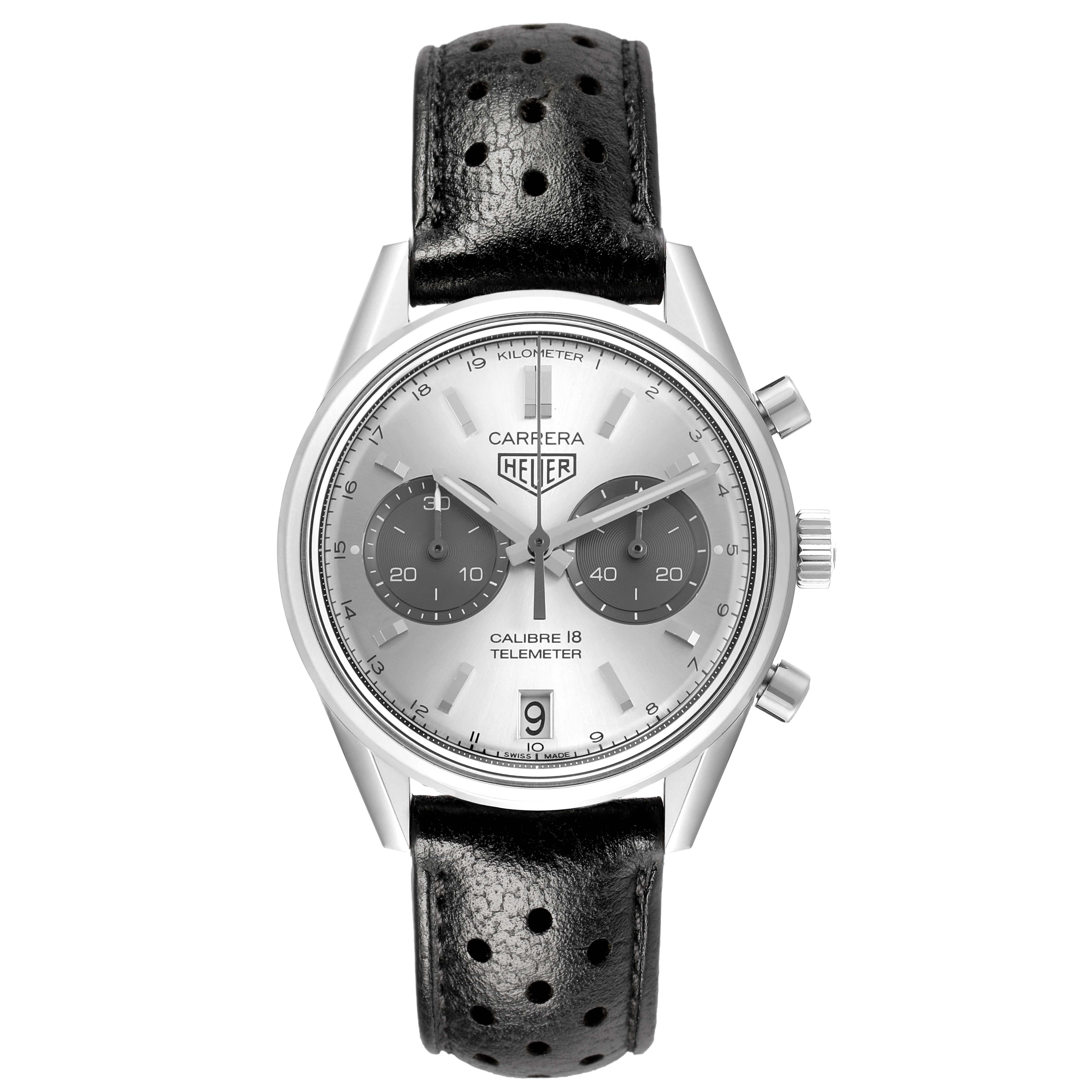 The Tag Heuer Carrera CAR221A Men's Stainless Steel Silver Dial watch is shown from the front, displaying the dial, sub-dials, and perforated black leather strap.