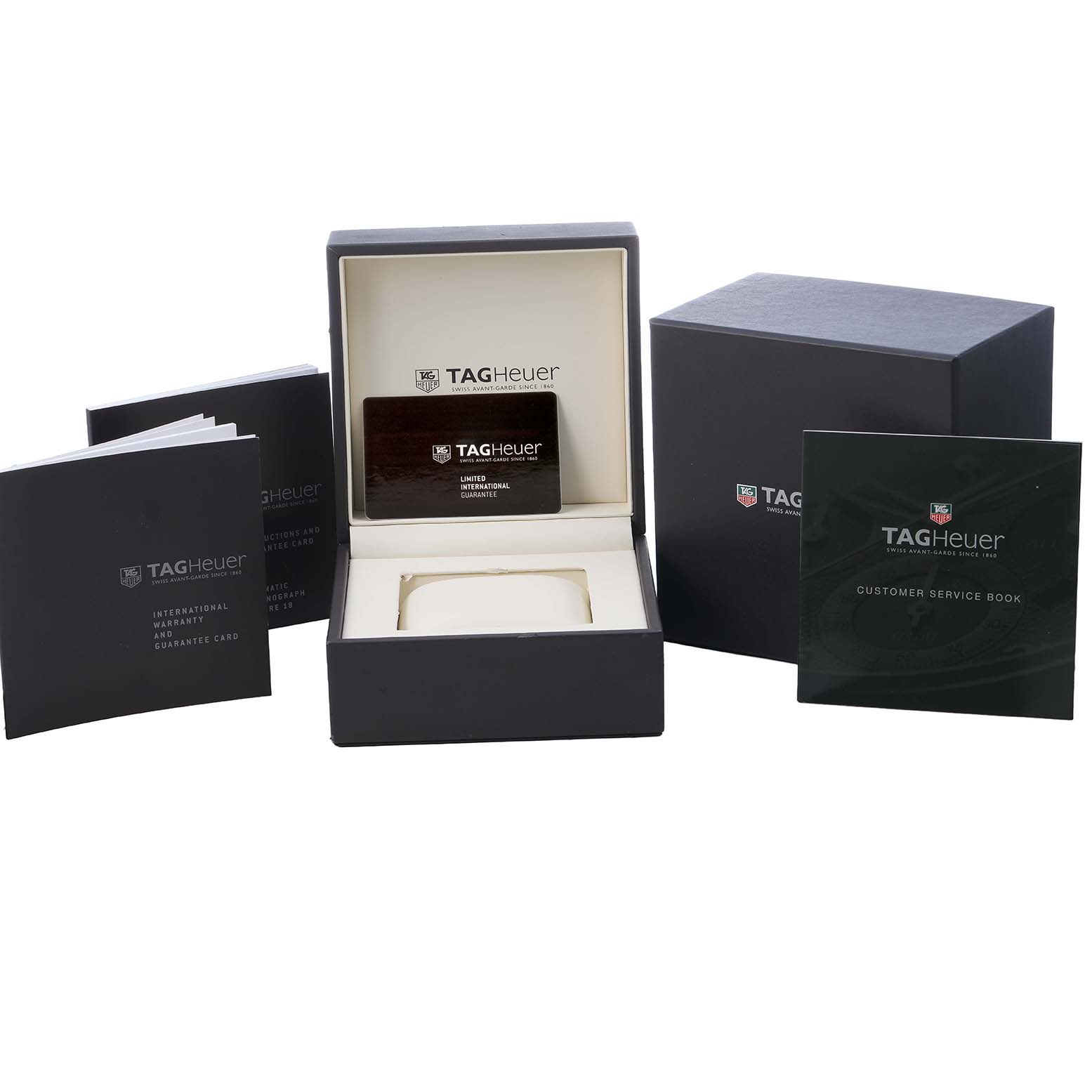 The image shows a Tag Heuer Carrera CAR221A Men's Stainless Steel Silver Dial box with booklets and a warranty card, displayed at a slight angle.