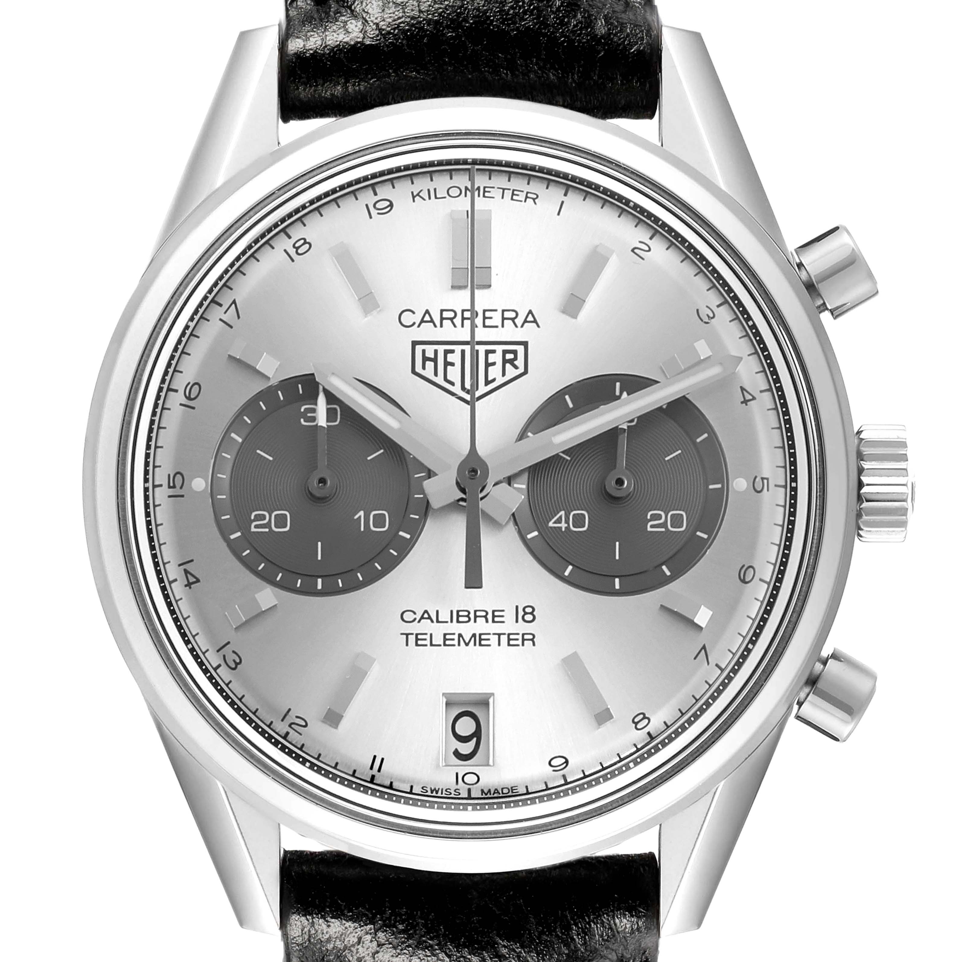 The Tag Heuer Carrera CAR221A Men's Stainless Steel Silver Dial watch is shown from the front, displaying its dial, subdials, crown, and strap.