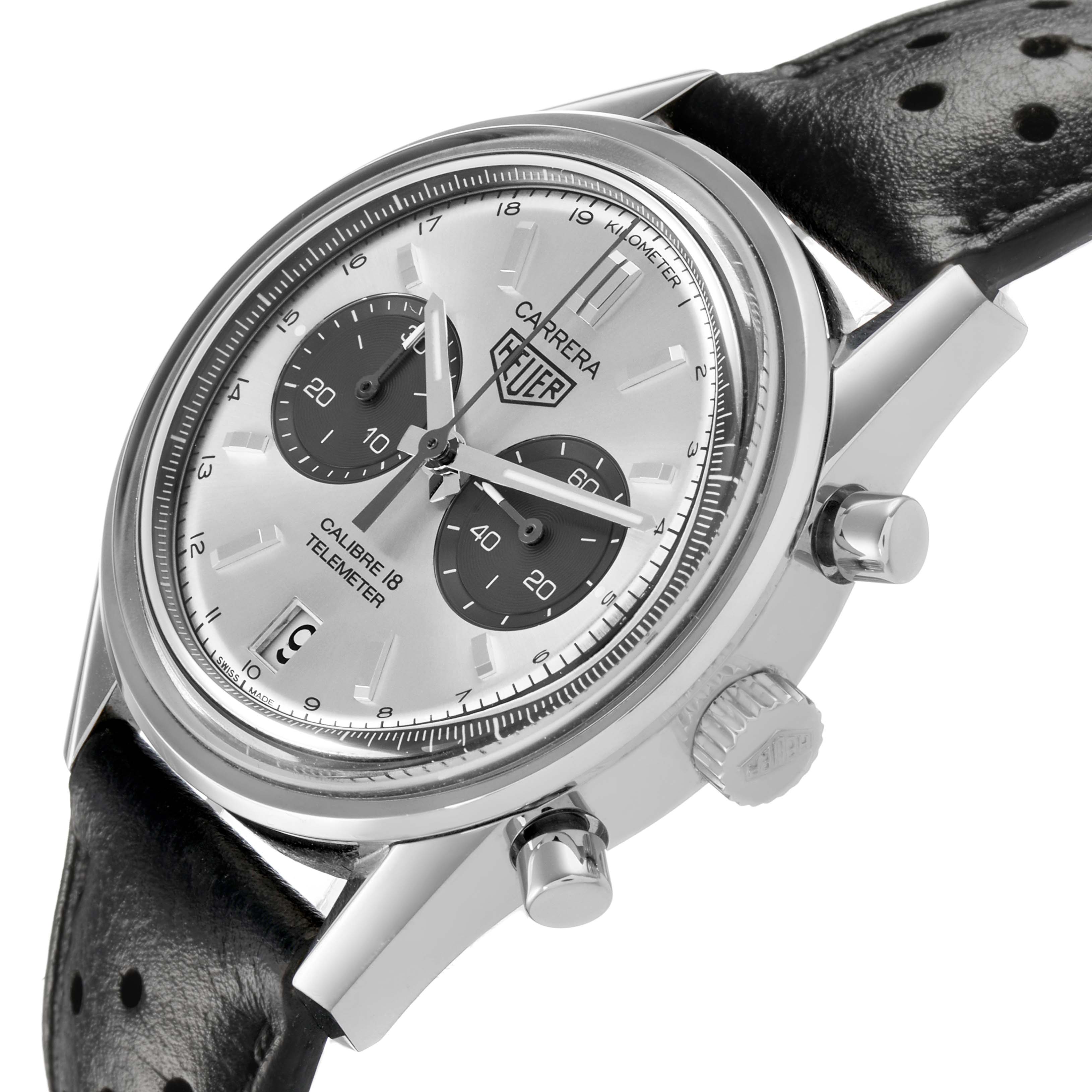 The Tag Heuer Carrera CAR221A Men's Stainless Steel Silver Dial watch is shown at a slight angle, featuring its face, bezel, crown, and perforated leather strap.