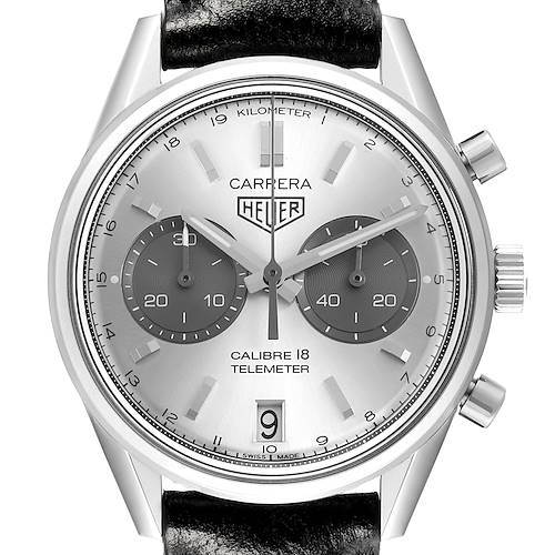 The Tag Heuer Carrera CAR221A Men's Stainless Steel Silver Dial watch is shown from a front view, displaying its face, subdials, crown, and pushers.