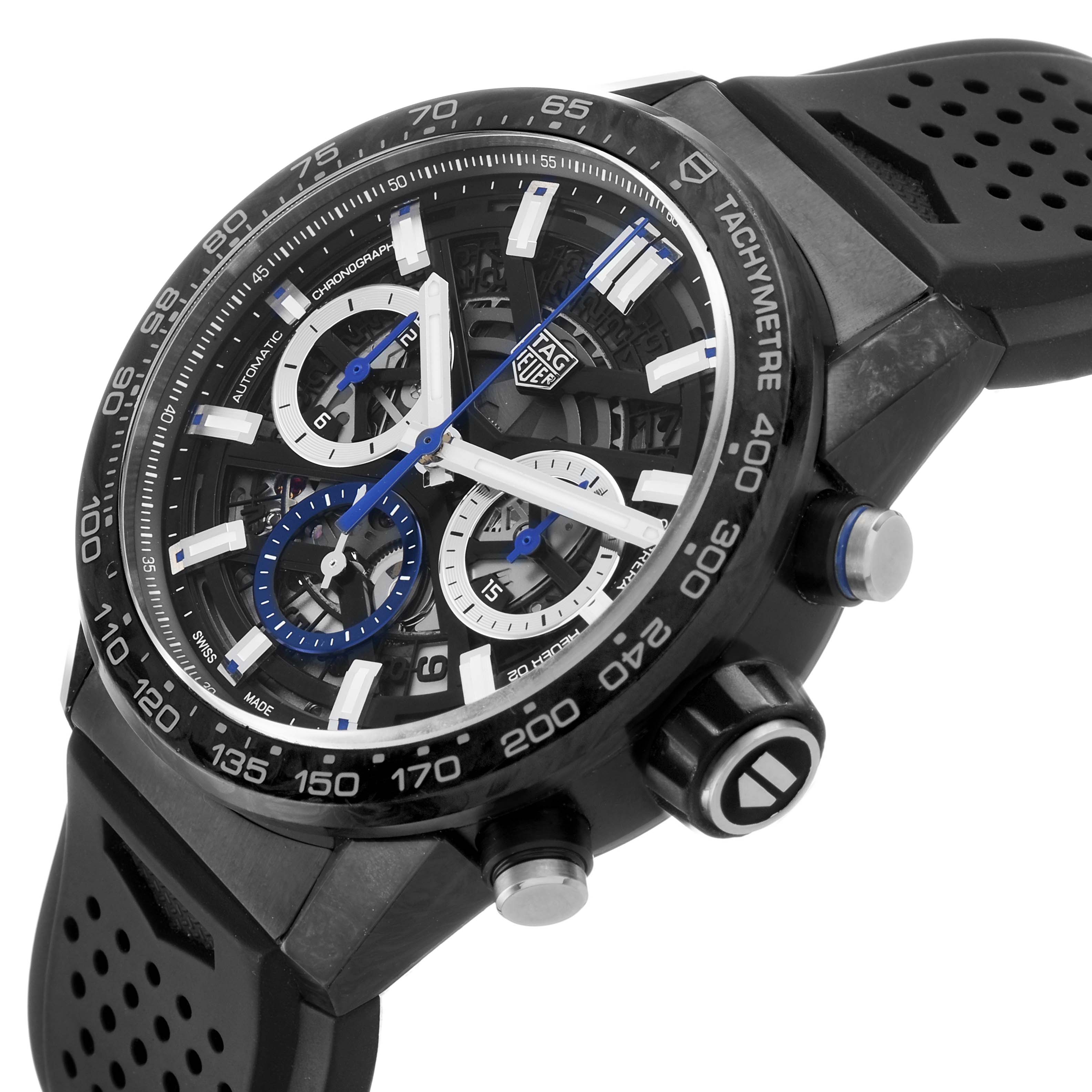 The Tag Heuer Carrera CBG2017 Men's Stainless Steel Black Dial watch is shown at a three-quarter angle, highlighting the face, tachymeter bezel, and side pushers.