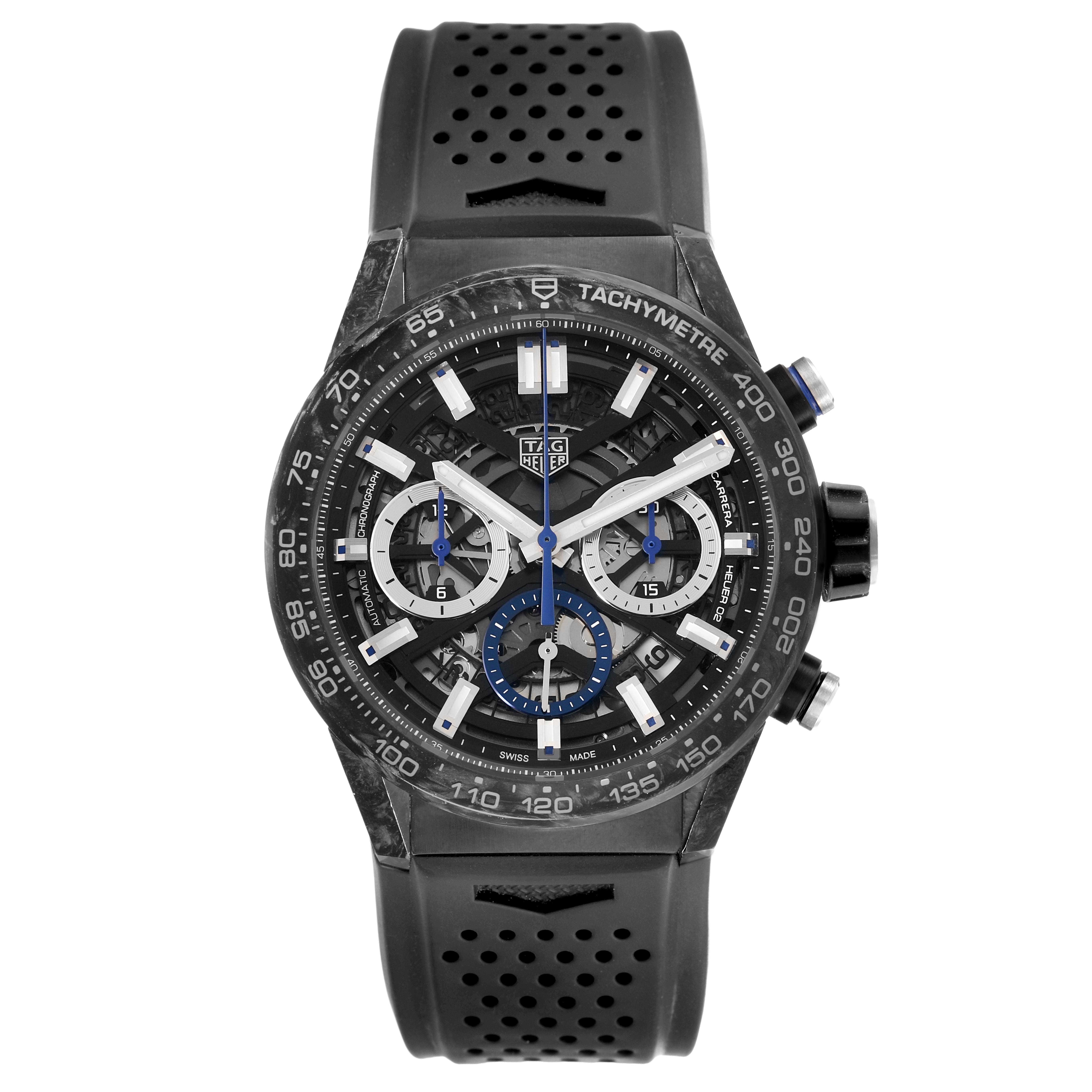 The Tag Heuer Carrera CBG2017 Men's Stainless Steel Black Dial watch is shown from a front angle, highlighting its skeleton dial and black perforated strap.