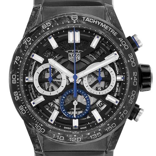 The image shows a frontal view of a Tag Heuer Carrera CBG2017 Men's Stainless Steel Black Dial watch, displaying its dial, tachymeter scale, subdials, and crown.