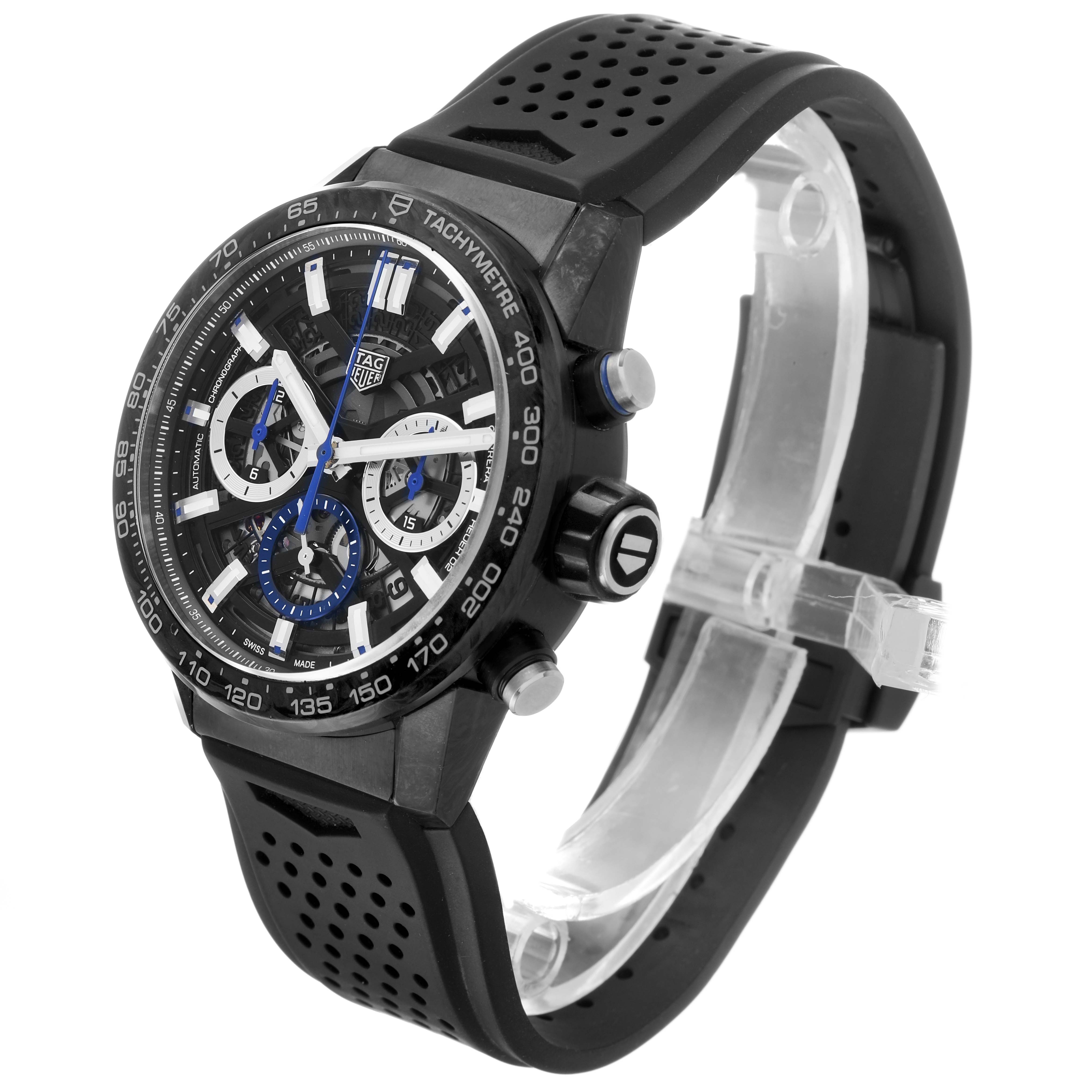 The Tag Heuer Carrera CBG2017 Men's Stainless Steel Black Dial watch is shown from a front-side angle, highlighting the dial, bezel, crown, and strap.