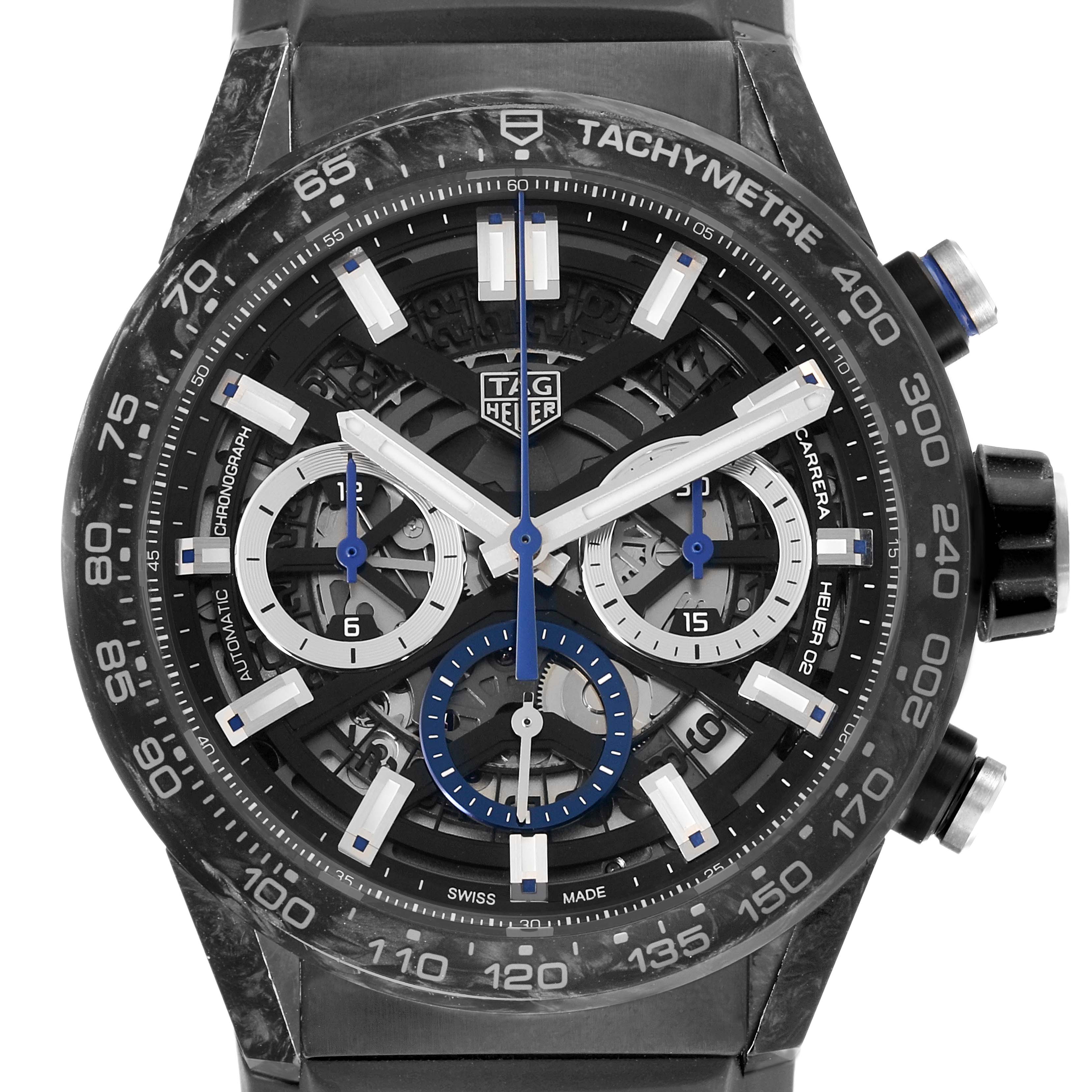 The Tag Heuer Carrera CBG2017 Men's Stainless Steel Black Dial watch is shown from the front, displaying the dial, subdials, tachymeter, and pushers.