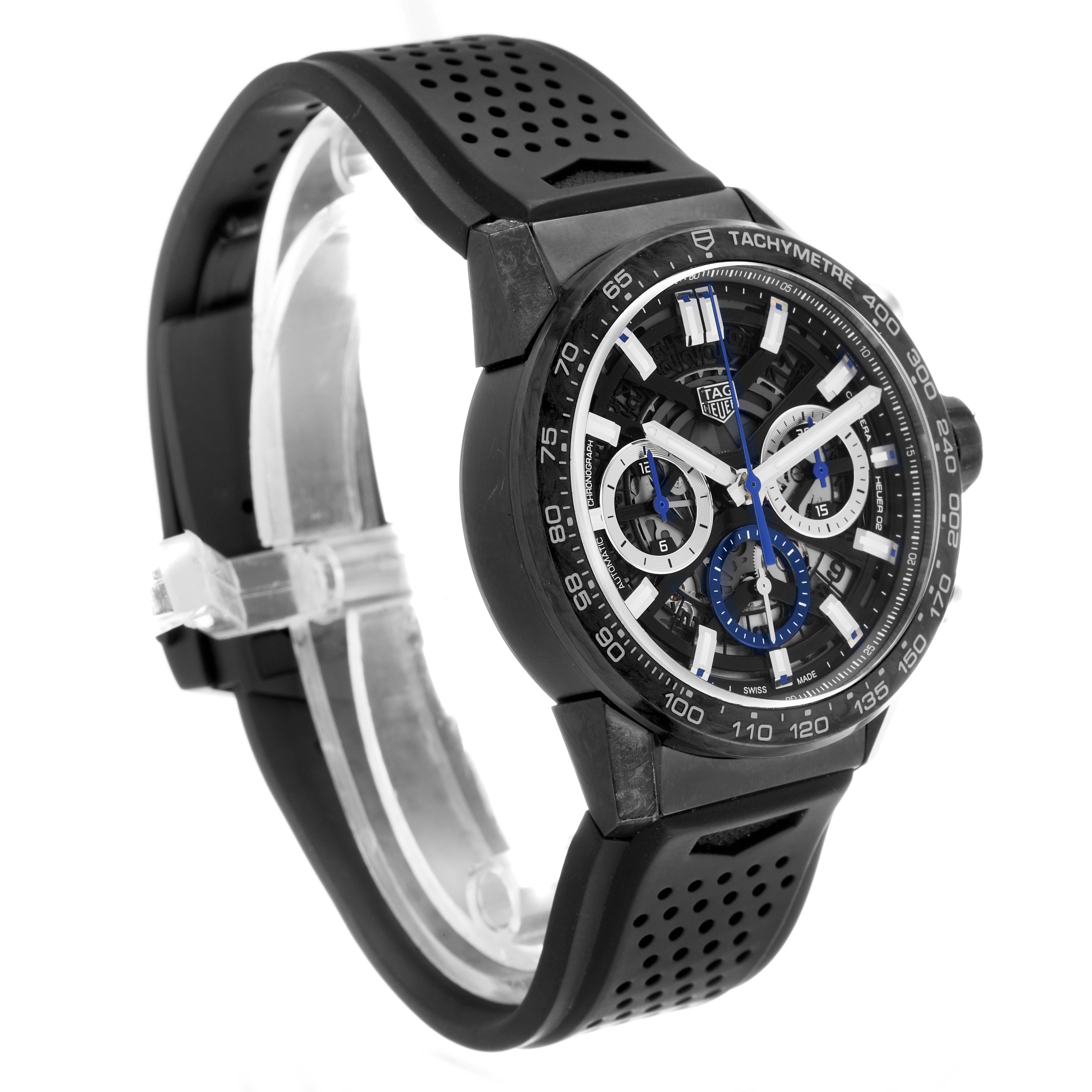 The Tag Heuer Carrera CBG2017 Men's Stainless Steel Black Dial watch is shown at a three-quarter angle highlighting its face, chronograph dials, and tachymeter bezel.