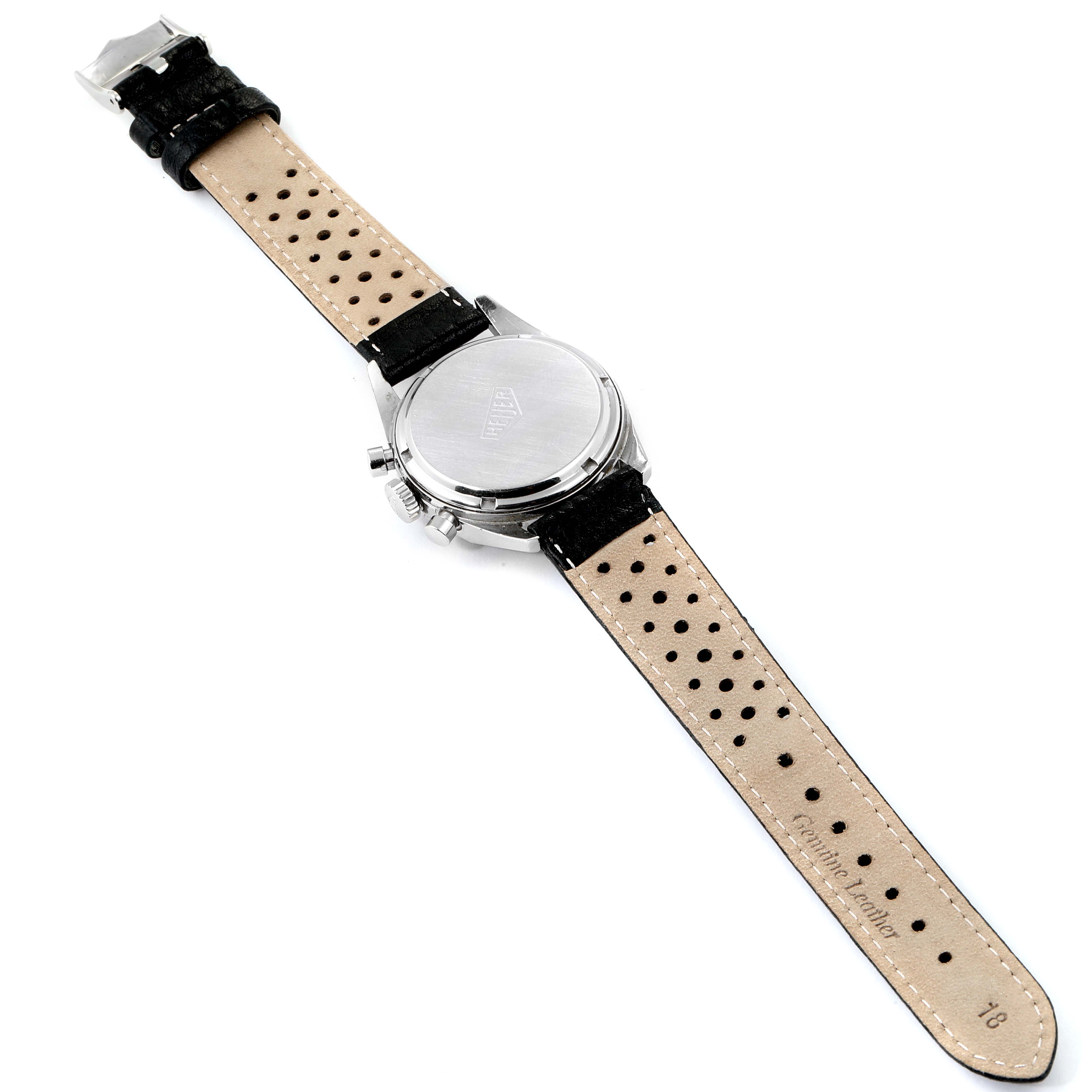 This image shows the back view of a Tag Heuer Carrera CS3111 Men
s Stainless Steel Black Dial CS3111 Men
s Stainless Steel Black Dial watch, displaying the watch case and leather strap.