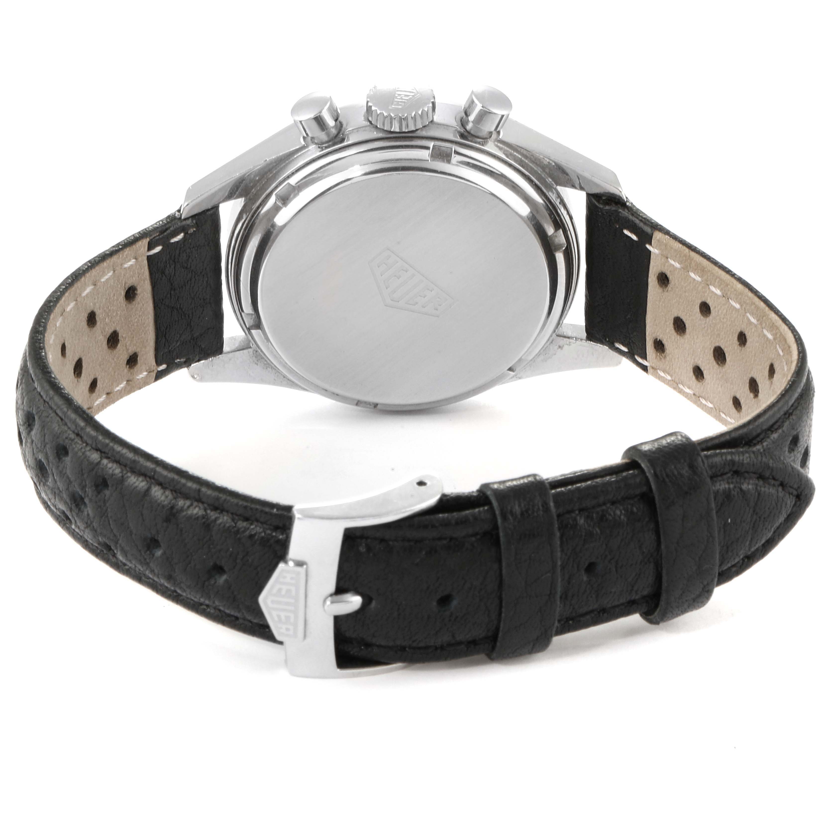 The image shows the back view of a Tag Heuer Carrera CS3111 Men
s Stainless Steel Black Dial CS3111 Men
s Stainless Steel Black Dial watch, highlighting the case back, crown, pushers, and black leather strap with a buckle.