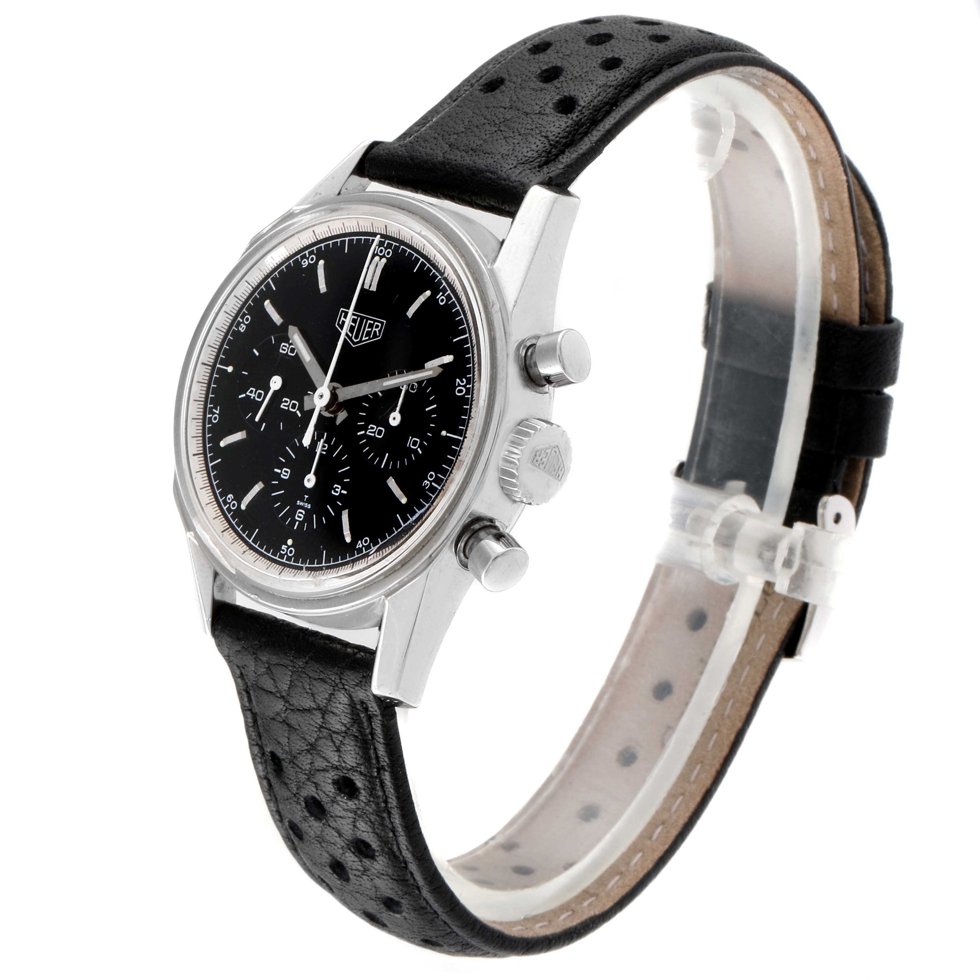 The image shows a Carrera model by Tag Heuer from a front-side angle, highlighting the watch face, crown, pushers, and leather strap.