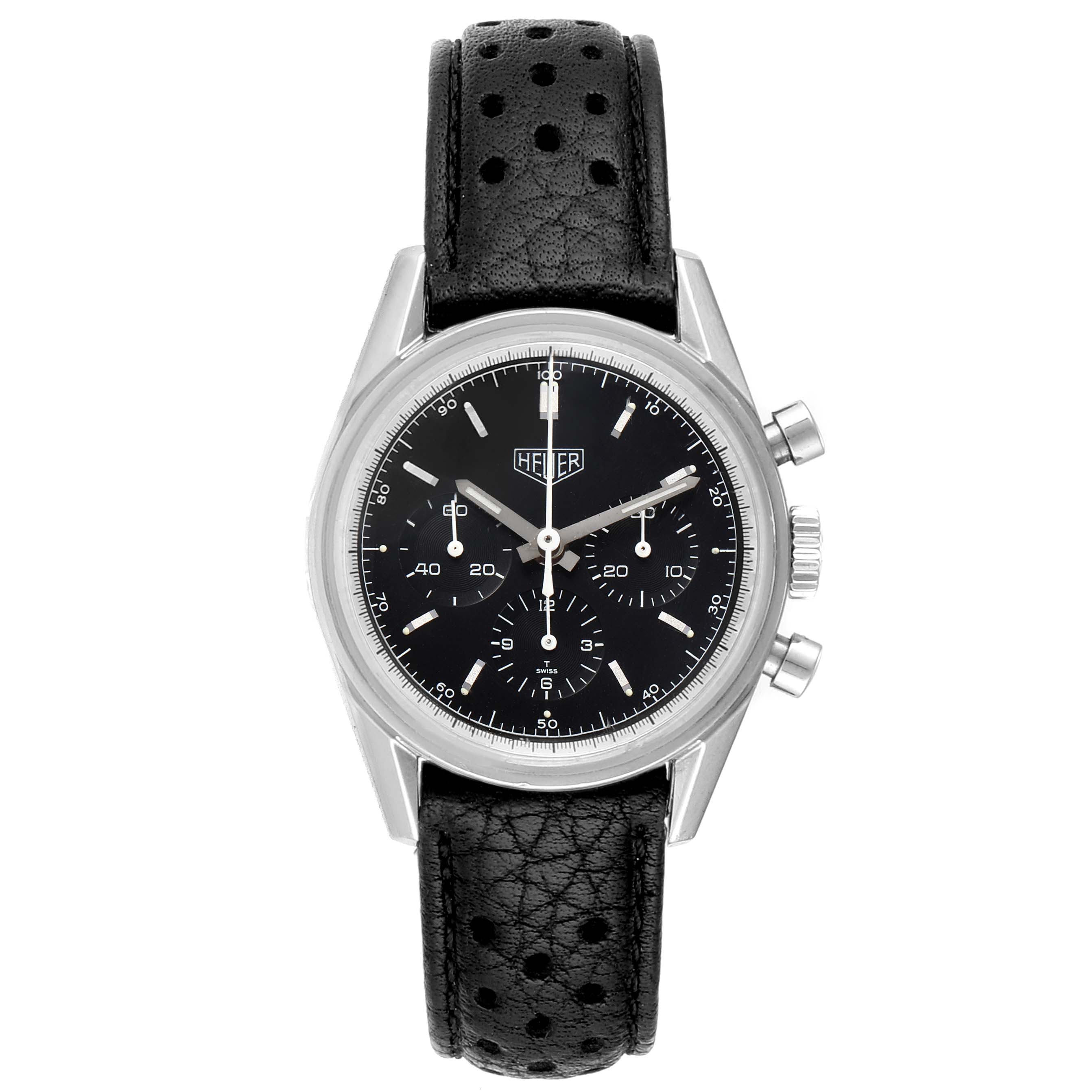 The image shows a front view of a Tag Heuer Carrera CS3111 Men
s Stainless Steel Black Dial CS3111 Men
s Stainless Steel Black Dial watch featuring a black dial and perforated black leather strap.