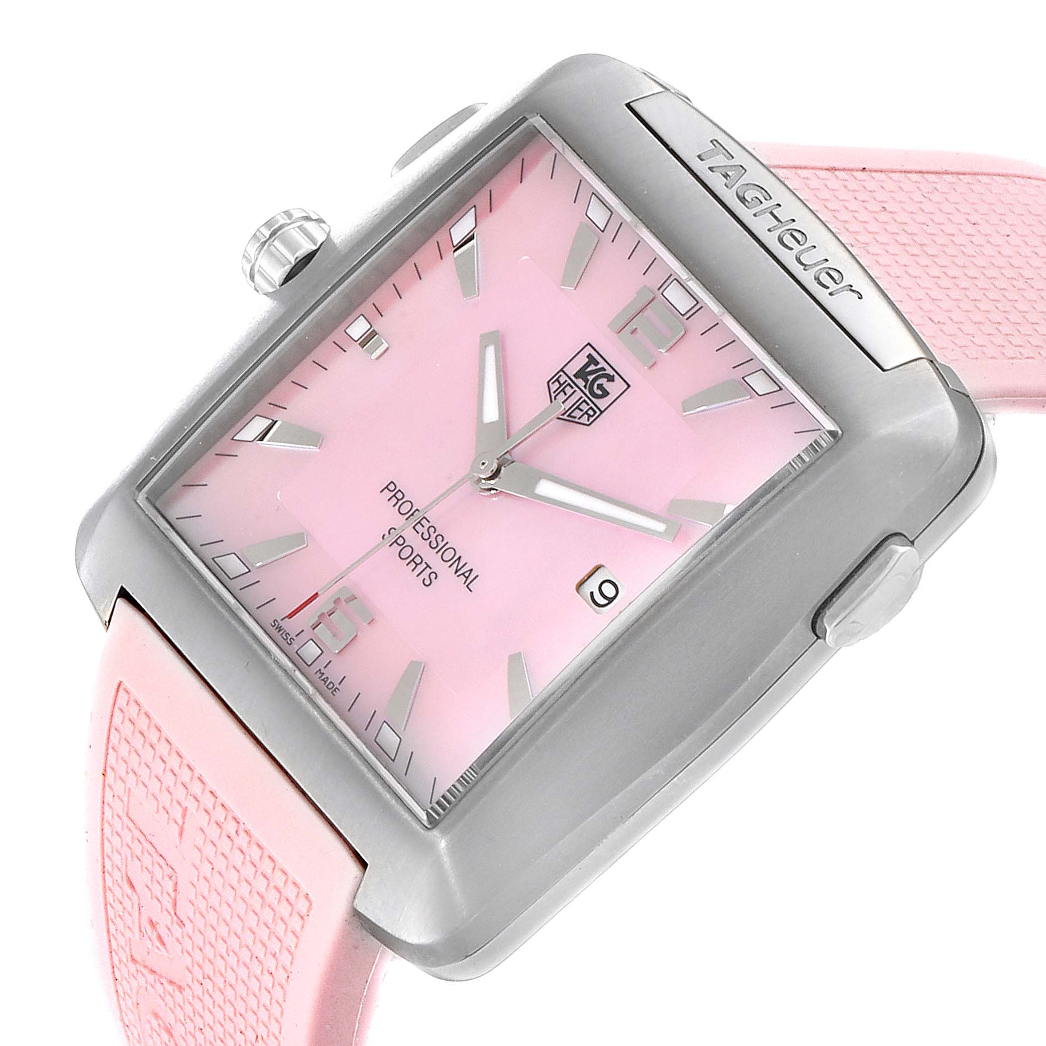 The Tag Heuer Monaco WAE1114.FT6011 Women's Stainless Steel Mother of Pearl Dial WAE1114.FT6011 Women's Stainless Steel Mother of Pearl Dial watch is shown at a slight angle, displaying its pink dial, crown, and part of its bezel and strap.