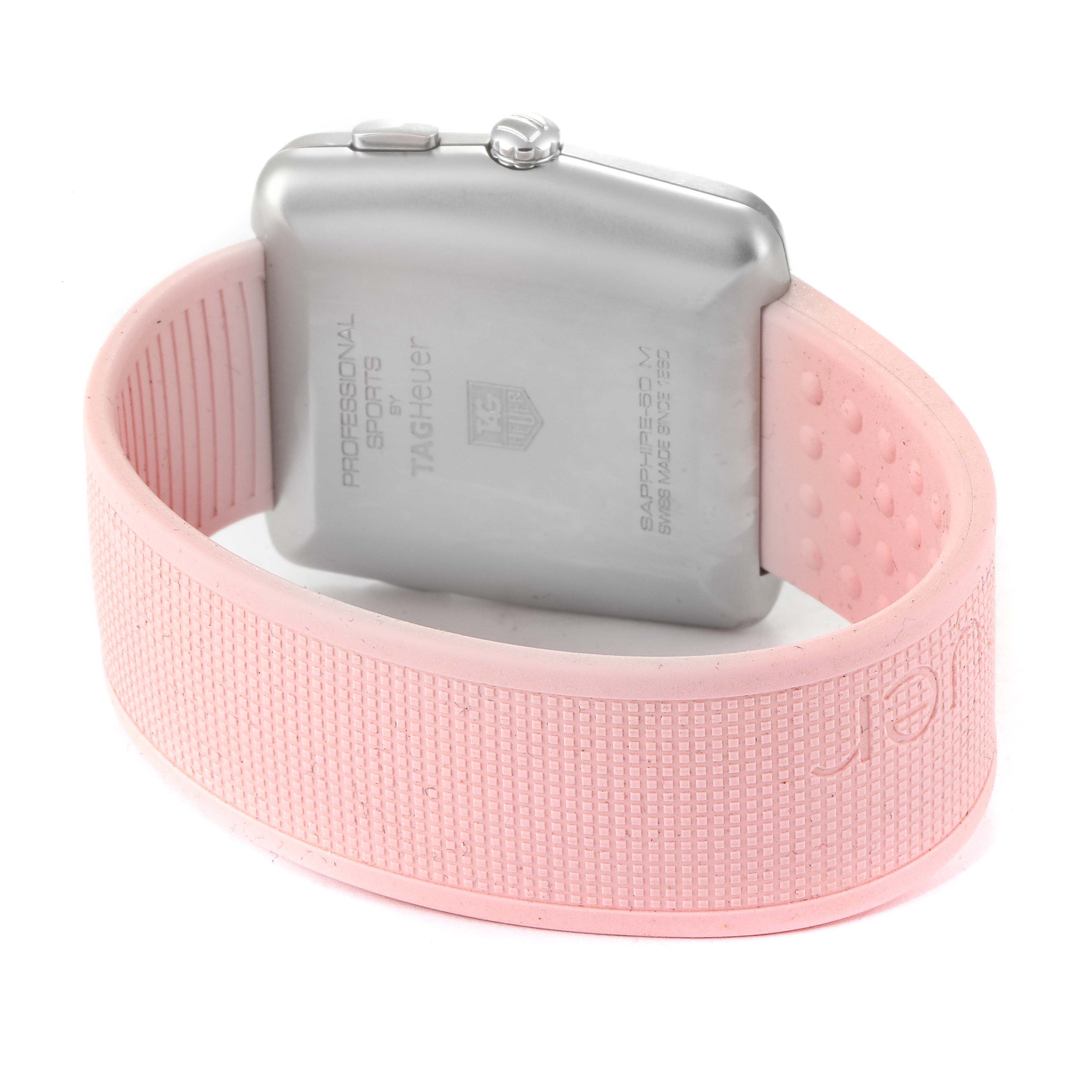 The image shows the back case and pink strap of the Tag Heuer Monaco WAE1114.FT6011 Women's Stainless Steel Mother of Pearl Dial WAE1114.FT6011 Women's Stainless Steel Mother of Pearl Dial model watch from a rear angle.