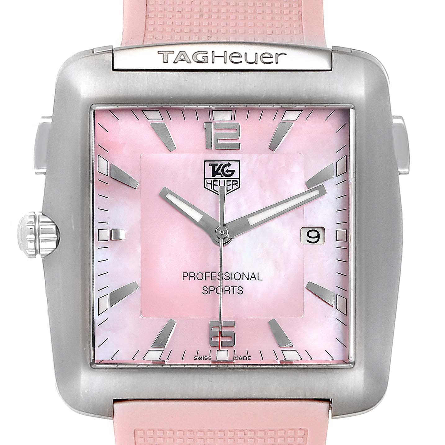 This Tag Heuer Monaco WAE1114.FT6011 Women's Stainless Steel Mother of Pearl Dial WAE1114.FT6011 Women's Stainless Steel Mother of Pearl Dial watch is shown from a front angle highlighting its pink dial, square case, and pink strap.